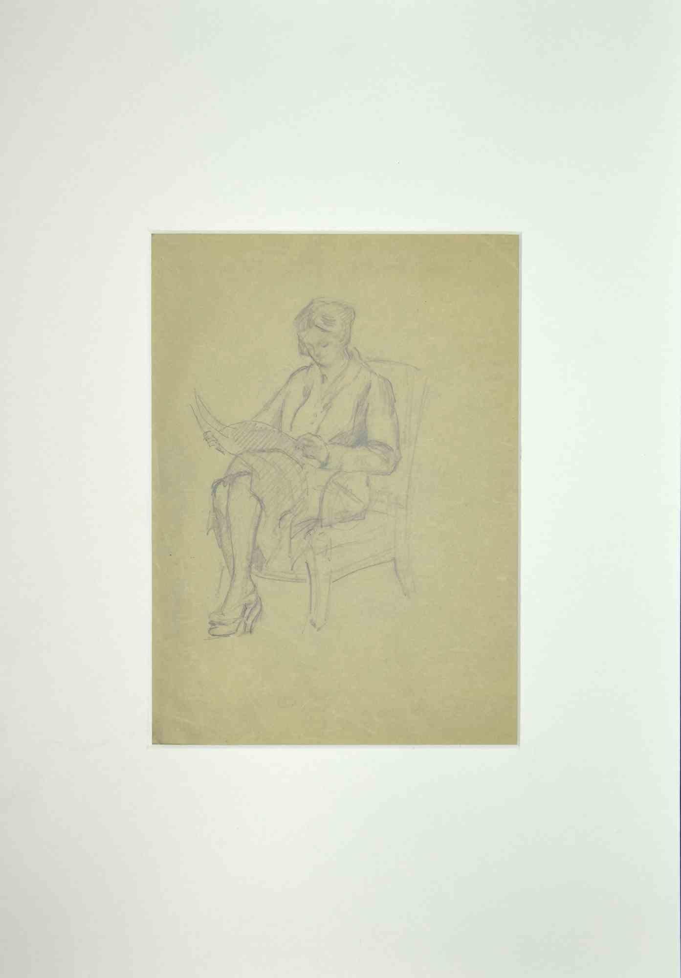 Woman in Reading - Drawing - 1950