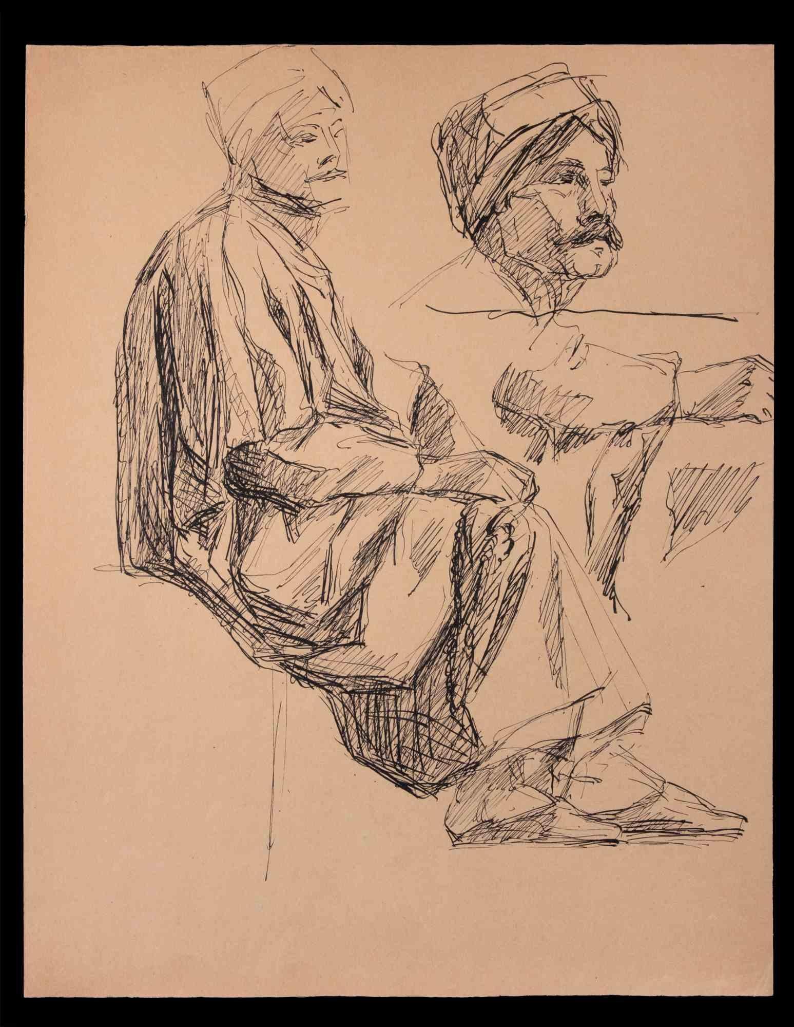 Unknown Figurative Art - Arab Man - Drawing - Mid-20th Century