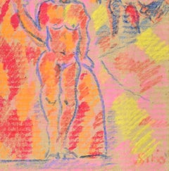 Nude Drawing, Charcoal and Oil Pastel on Cardboard, Framed, 1960s