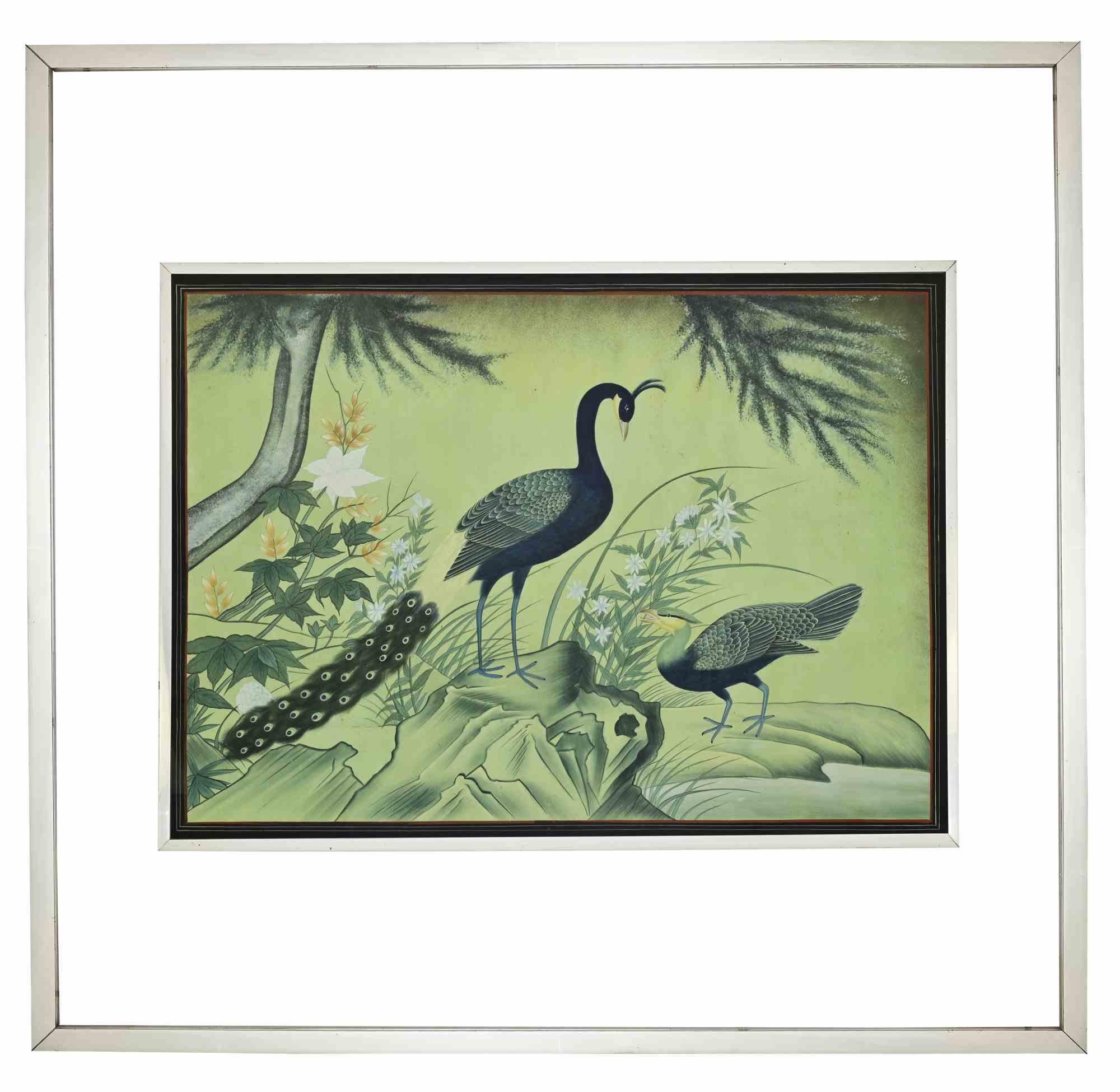 Unknown Figurative Art - Peacocks in a Garden - Drawing - Early 20th Century