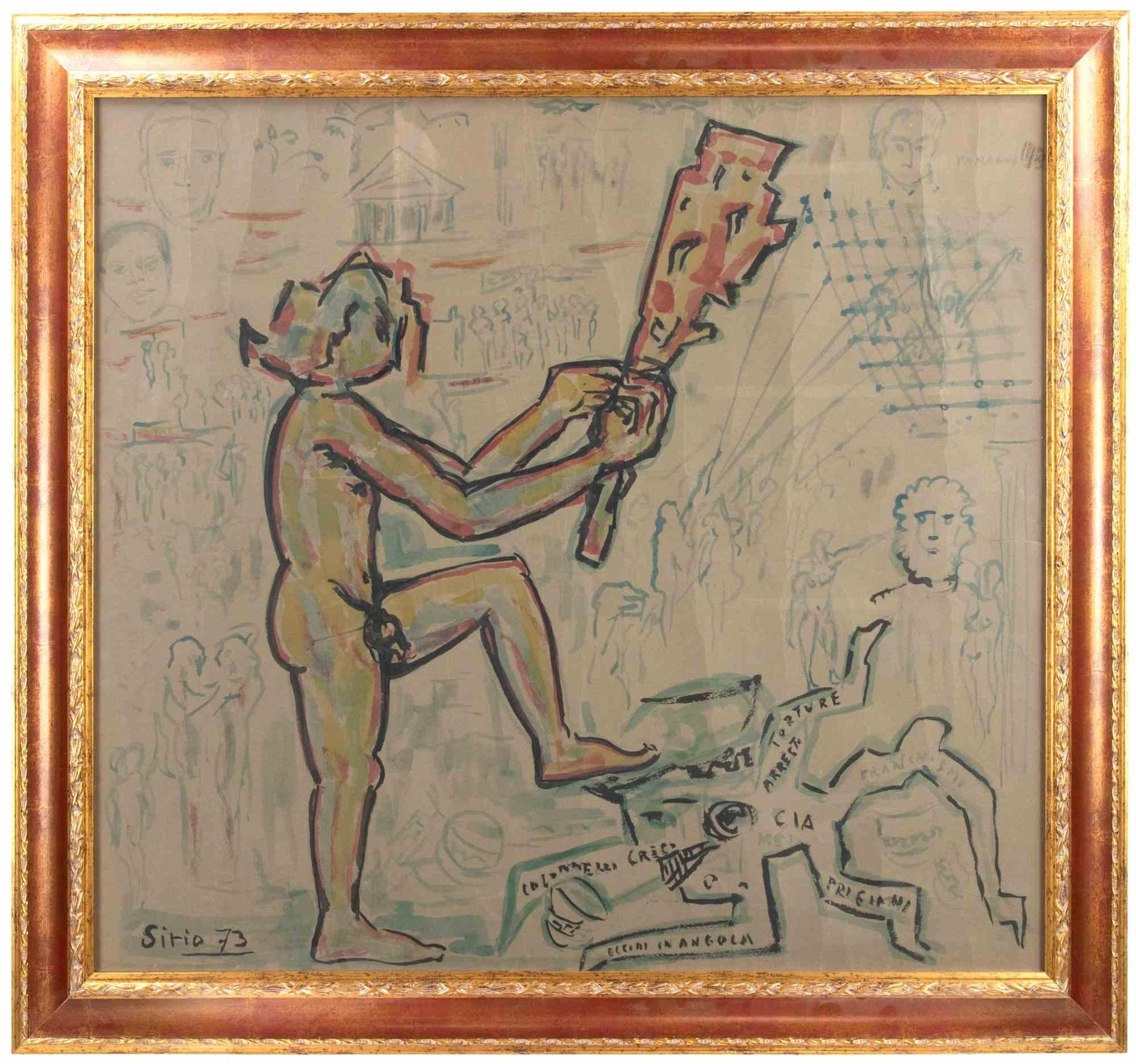 Watercolor on paper by Sirio Pellegrini in 1969. Hand signed and dated.

Drawing made up of several fragments joined together.

Includes a contemporary wooden frame 97x89 cm.

Sirio Pellegrini, born in Rome on March 1, 1922, of Abruzzo origins