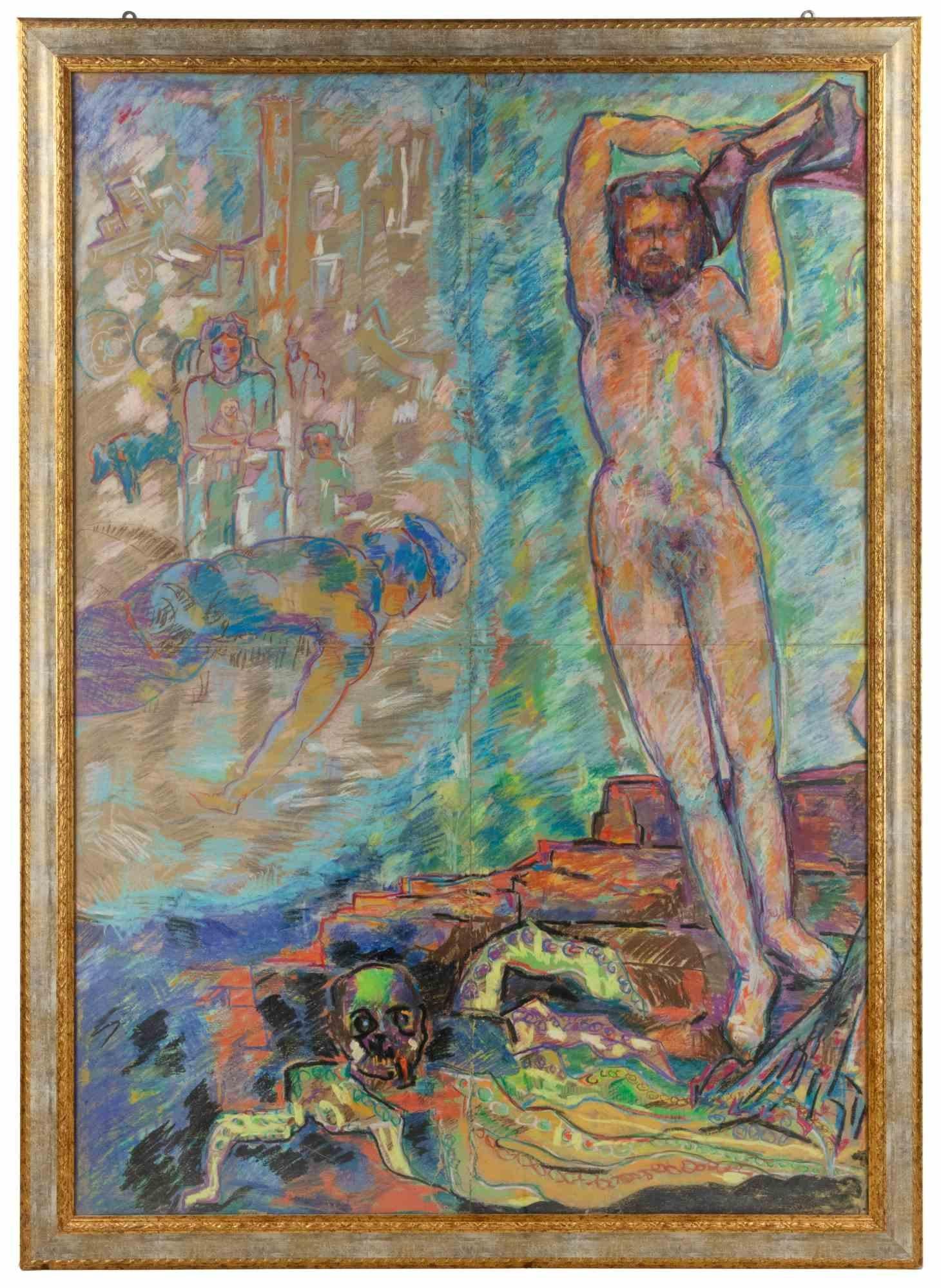 Oil pastel and watercolor on cardboard realized by Sirio Pellegrini in 1960s.

Includes a wooden frame realized by the Artist. cm. 157.5x113.5.

Sirio Pellegrini, born in Rome on March 1, 1922, of Abruzzo origins (Capestrano), spent his childhood