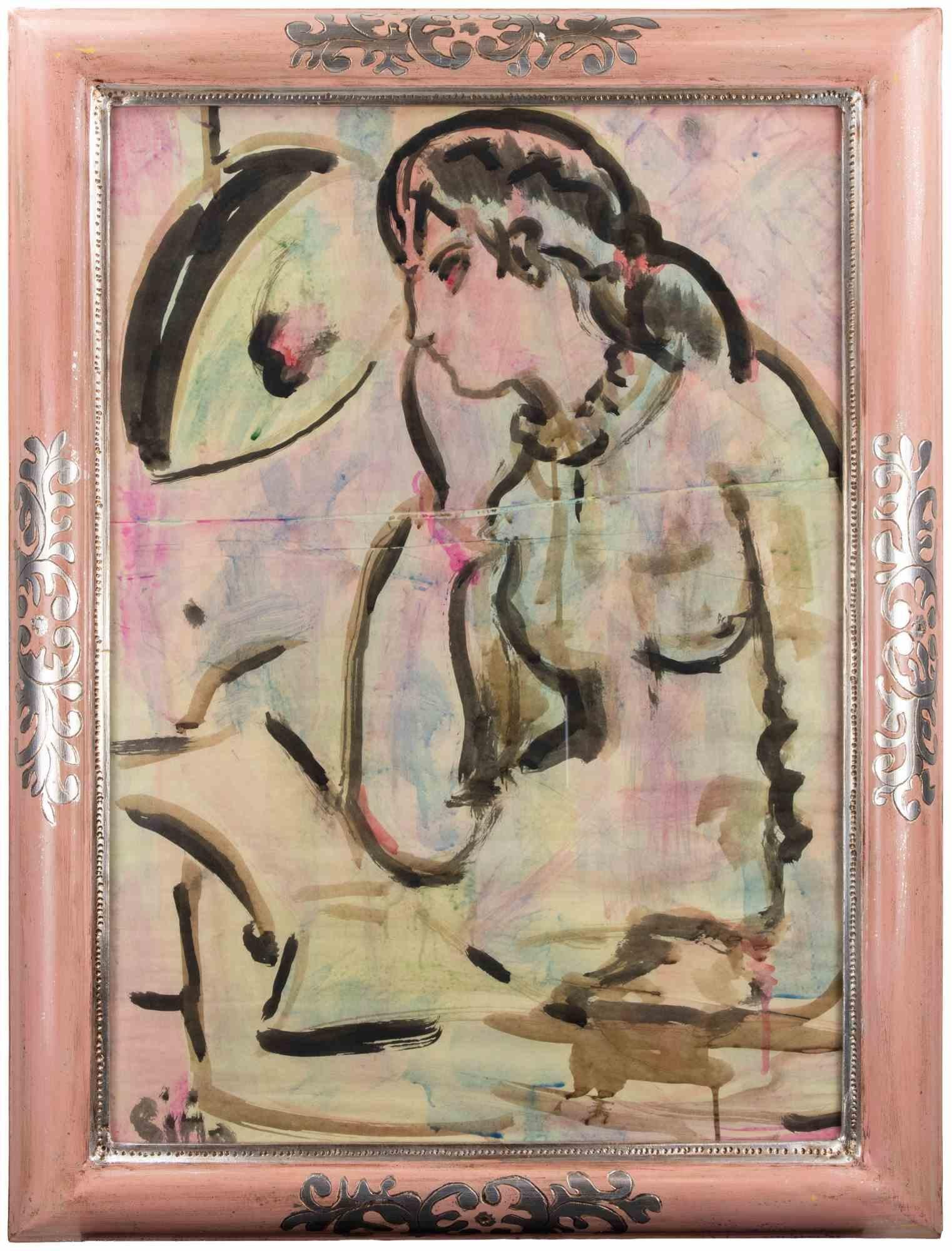 Pensive Nude - Watercolor by Sirio Pellegrini - 1960s