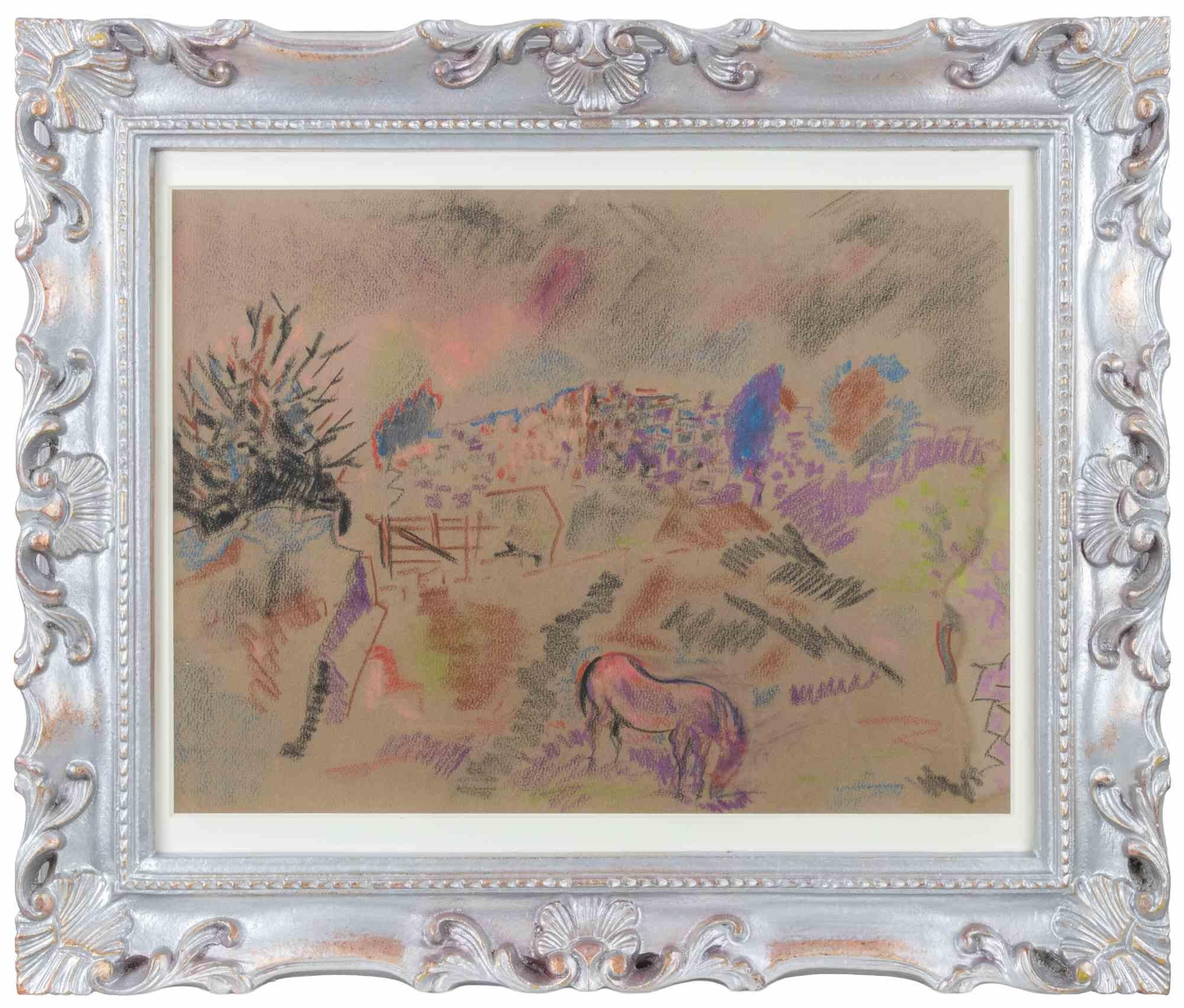 Grazing Horse - Oil Paint by Sirio Pellegrini - 1960s