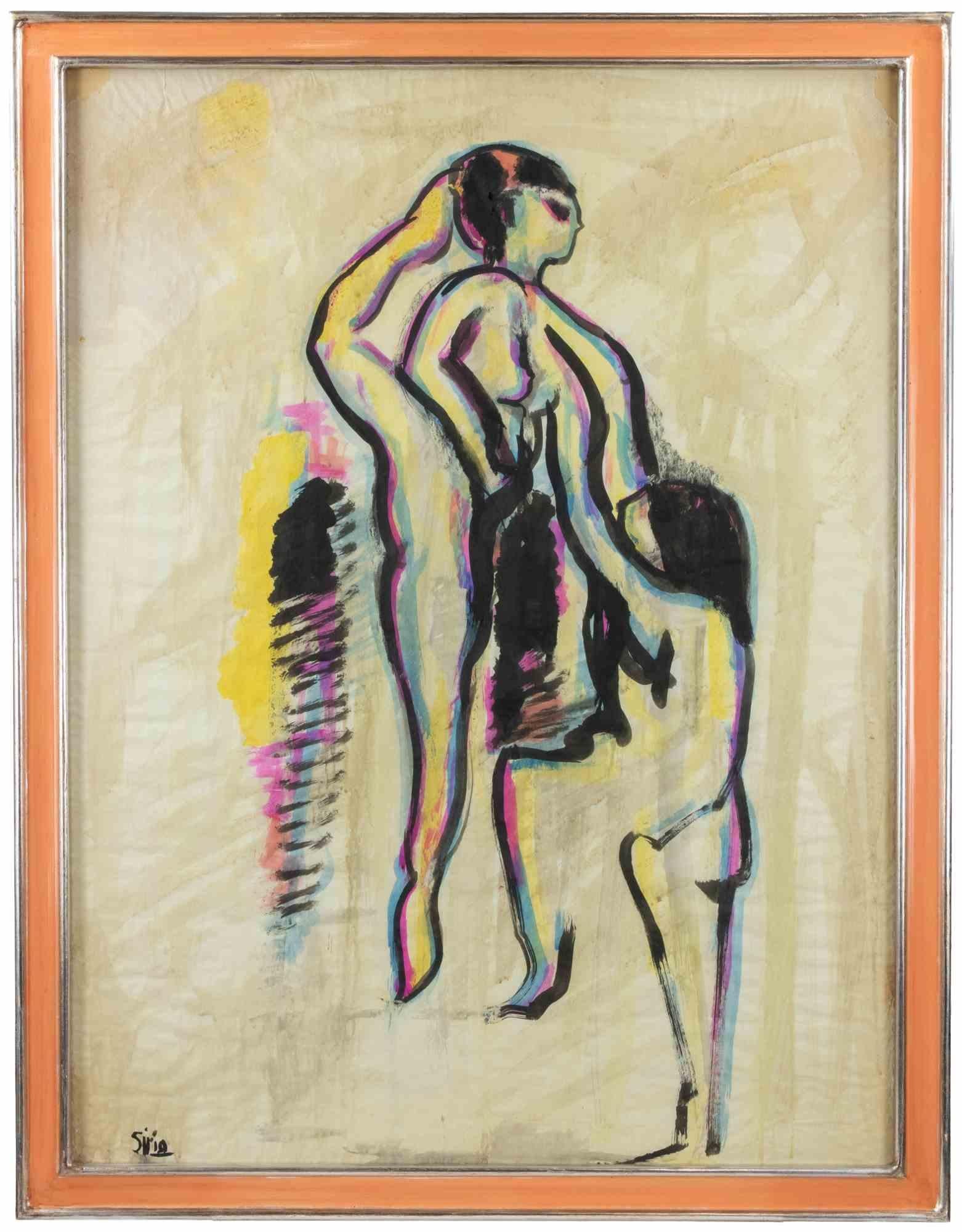 Esquisse à l'aquarelle sur papier, style contemporain, signée, années 1960