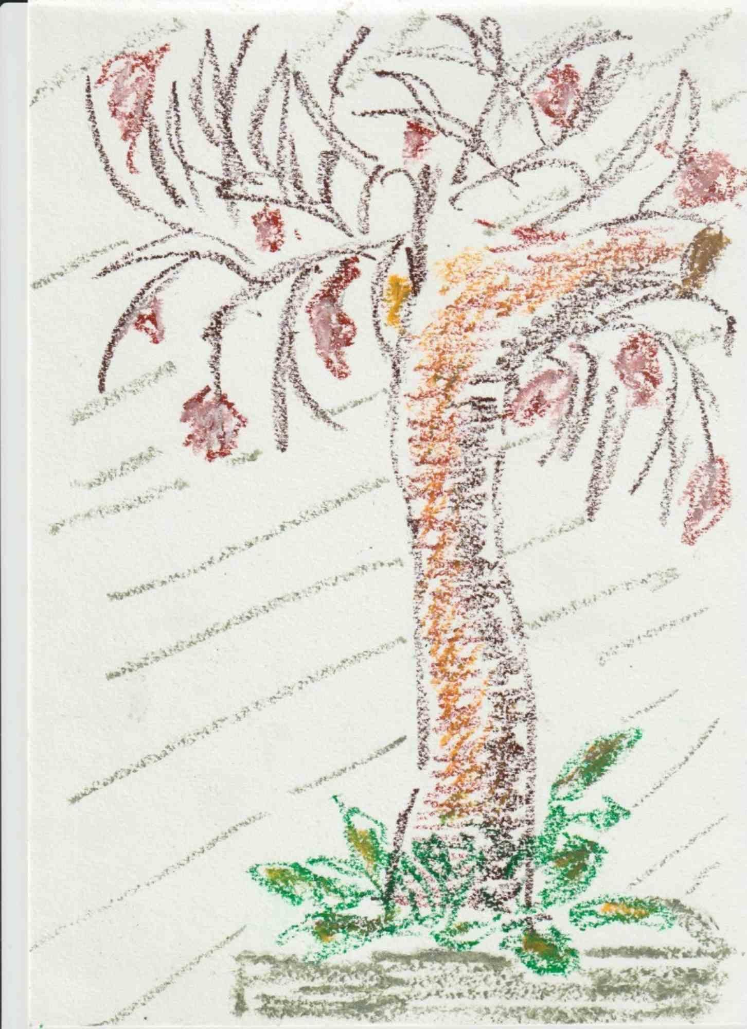 Composition 20, Abstract Drawing in Oil Pastel on Canson Paper, Signed