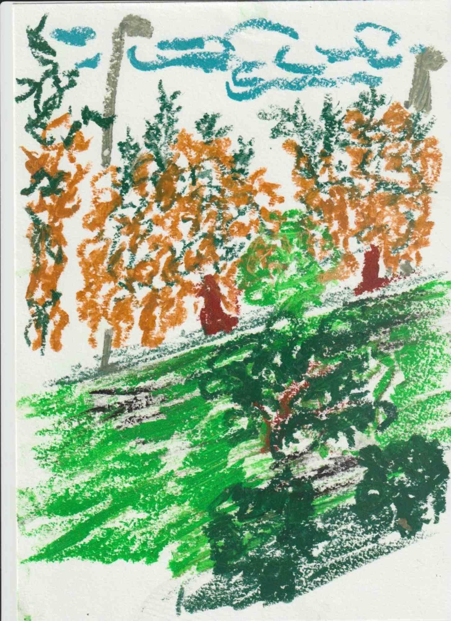 Composition 19 Abstract Drawing, Oil Pastel on Canson Paper, Signed