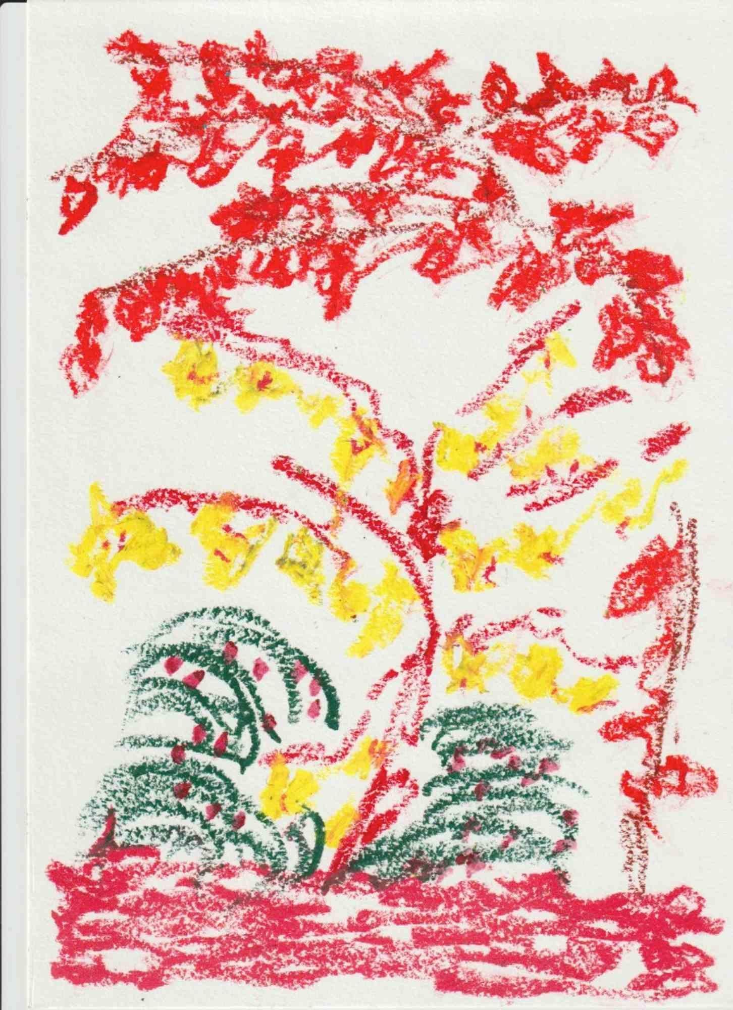 Composition 14, Abstract Drawing in Oil Pastel on Canson Paper, Signed