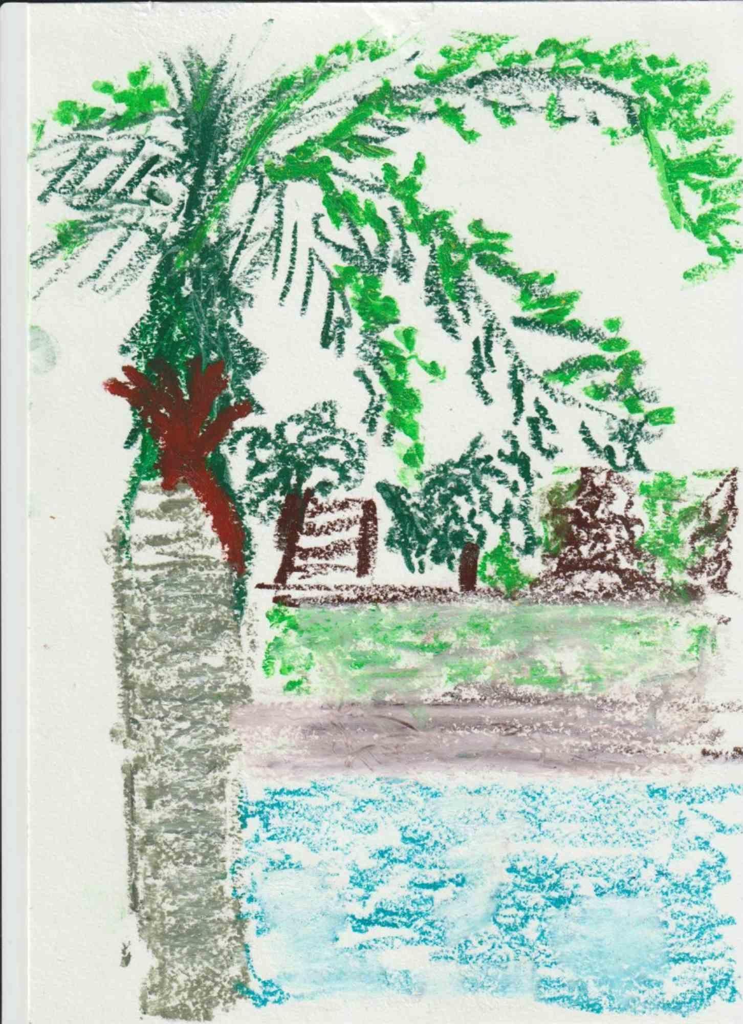 Composition 13, Abstract Drawing in Oil Pastel on Canson Paper, Signed