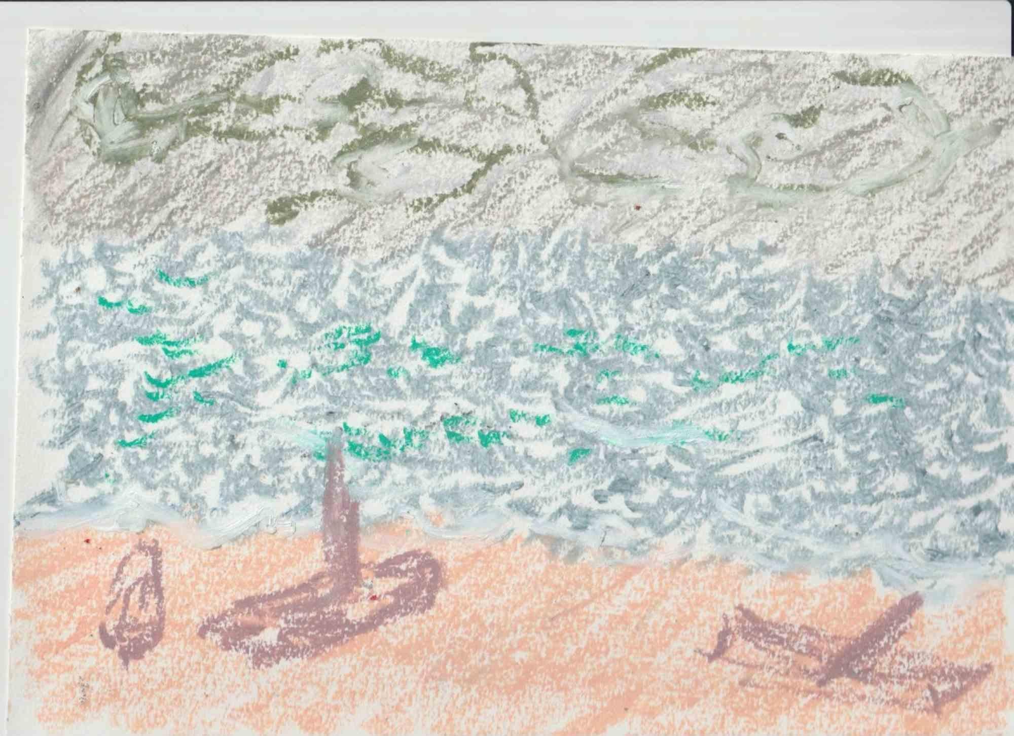 Composition 8, Abstract Drawing in Oil Pastel on Canson Paper, Signed