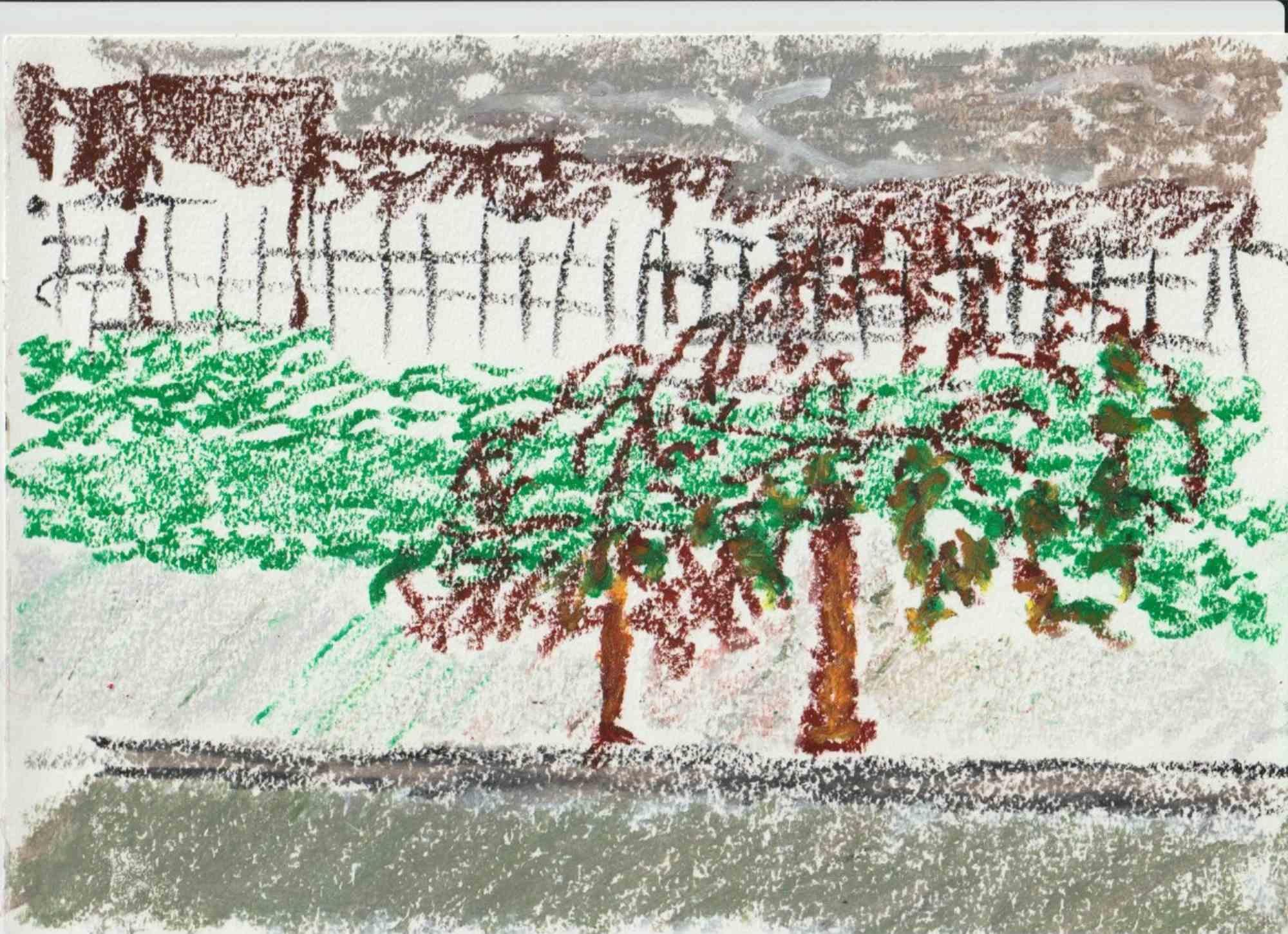 Composition 7, Abstract Drawing in Oil Pastel on Canson Paper, Signed