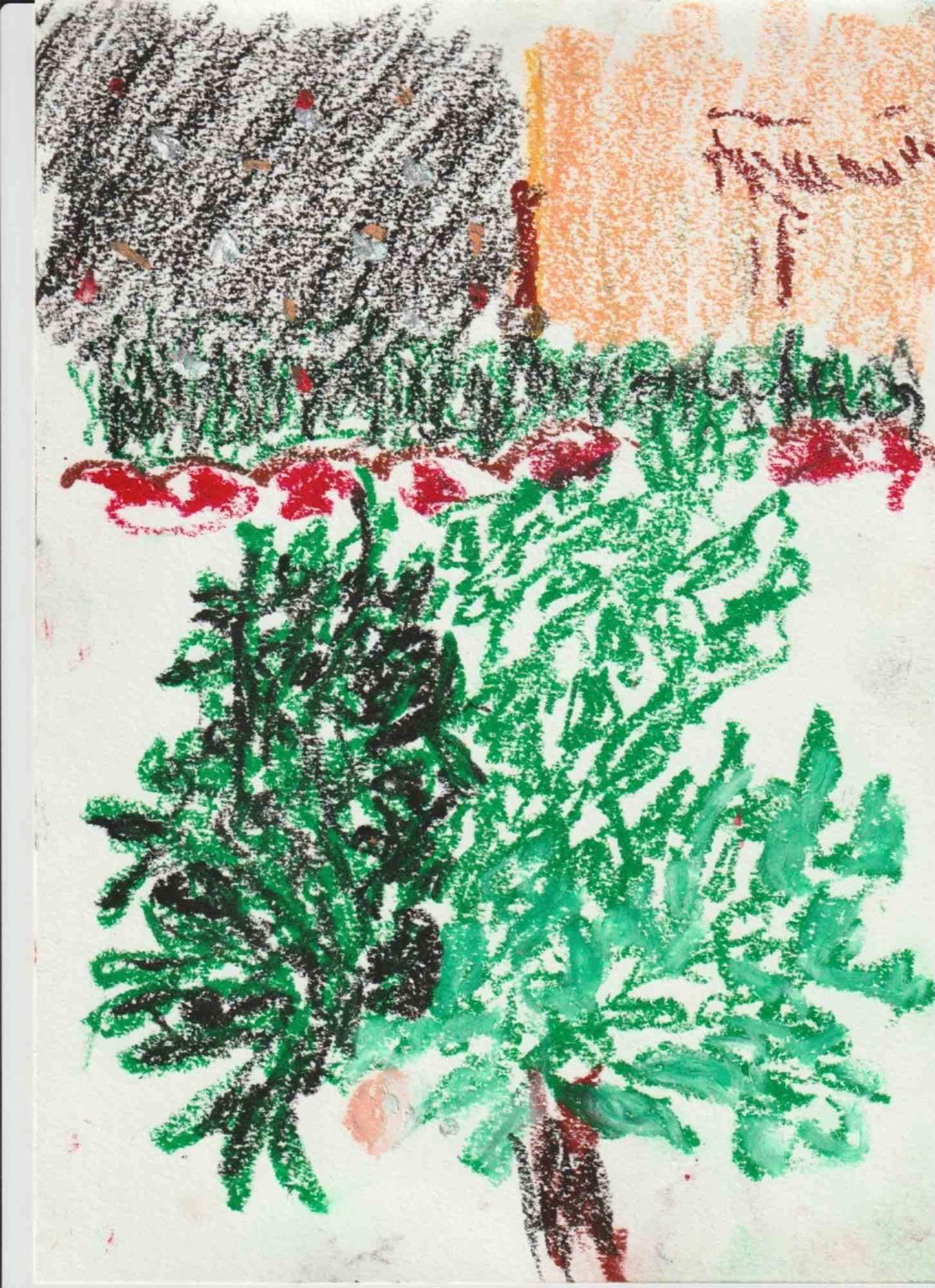 Composition 6, Abstract Drawing in Oil Pastel on Canson Paper, Signed