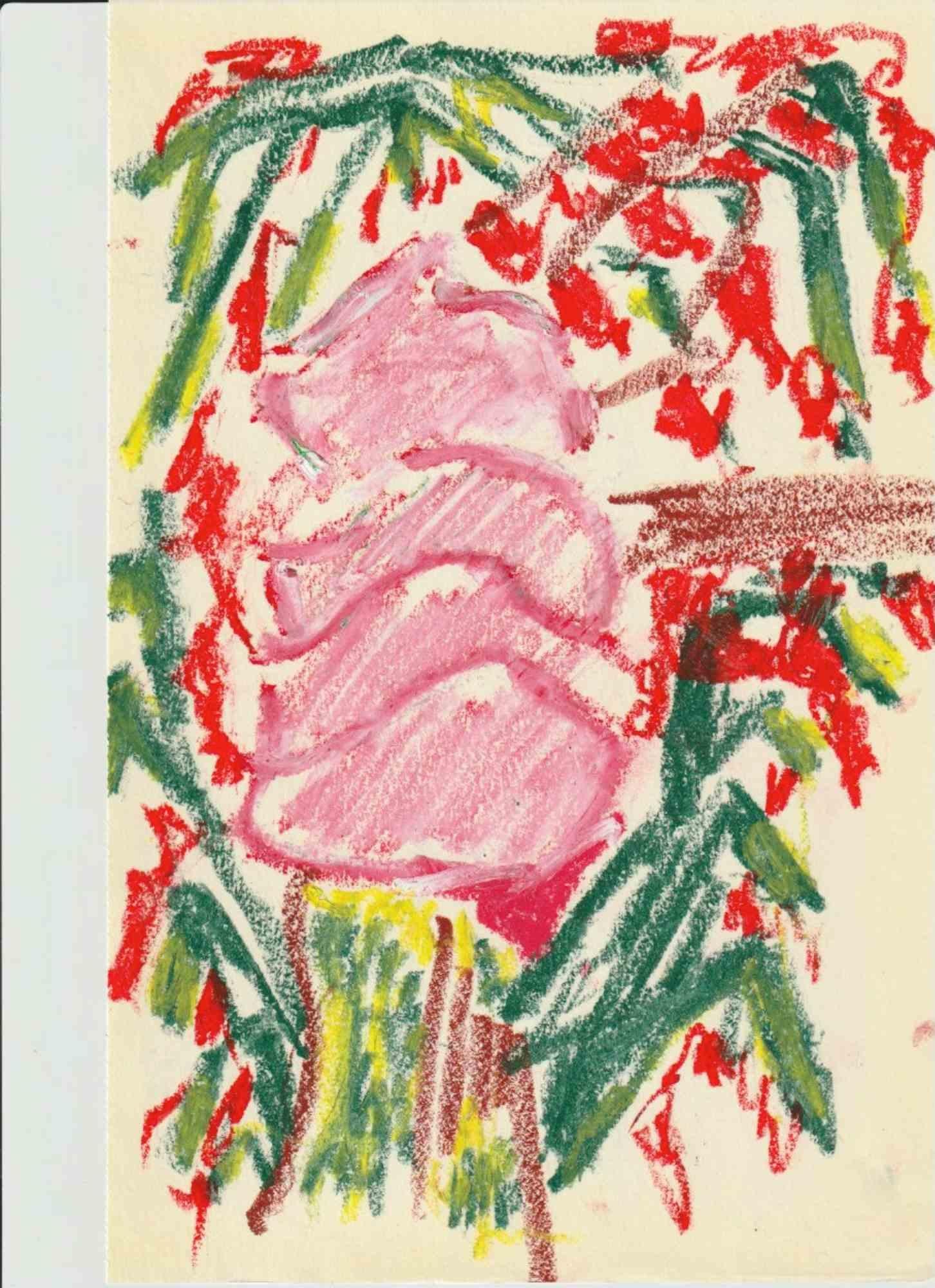 Composition 3, Abstract Drawing in Oil Pastel on Canson Paper, Signed