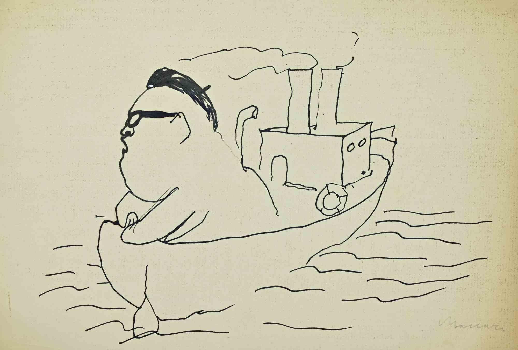  Mino Maccari Figurative Art - Nenni's Boat Ink Drawing, Modern Style, Signed, 1950s, Unframed