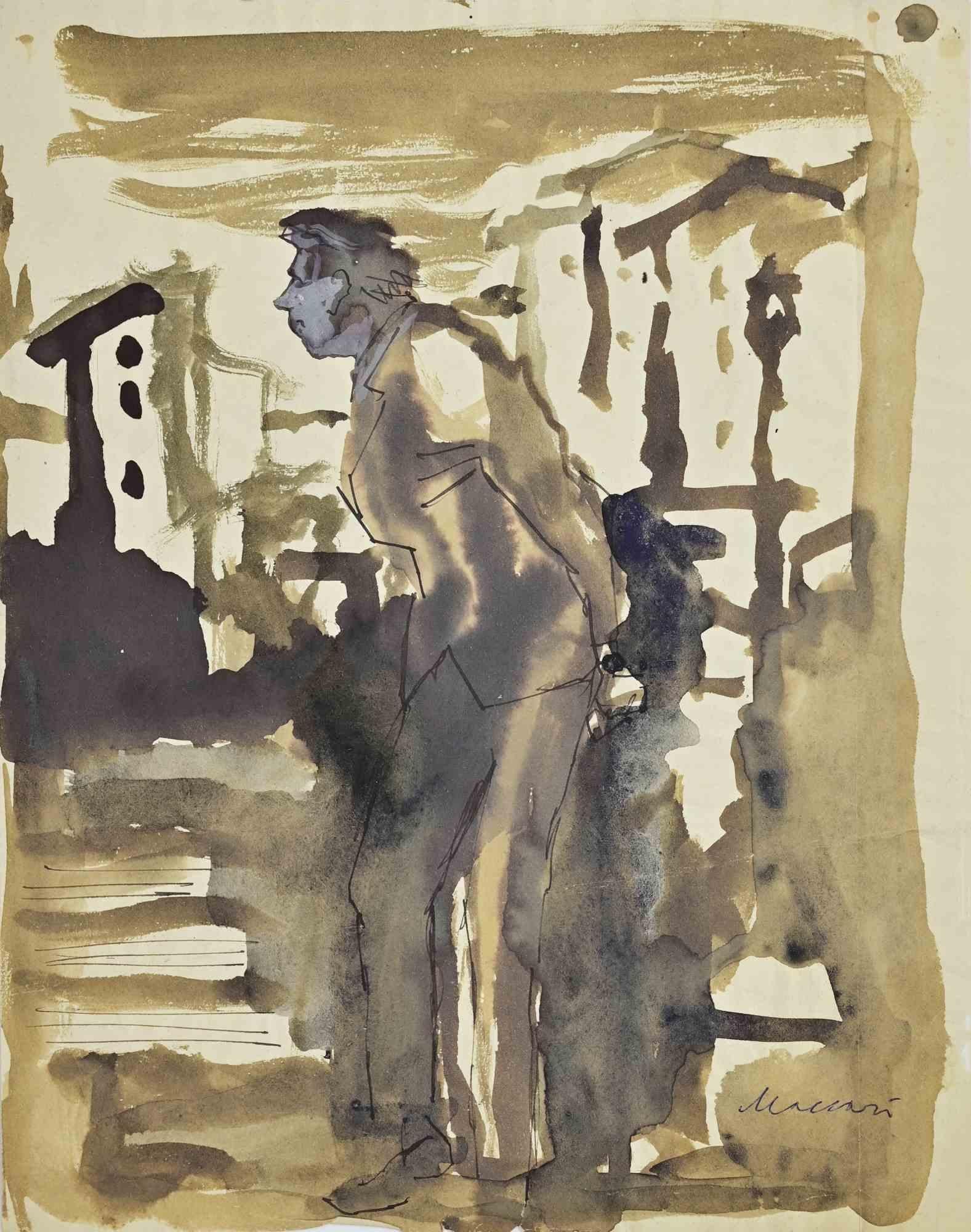 Ottone Rosai in Florence - Drawing by Mino Maccari - 1950s