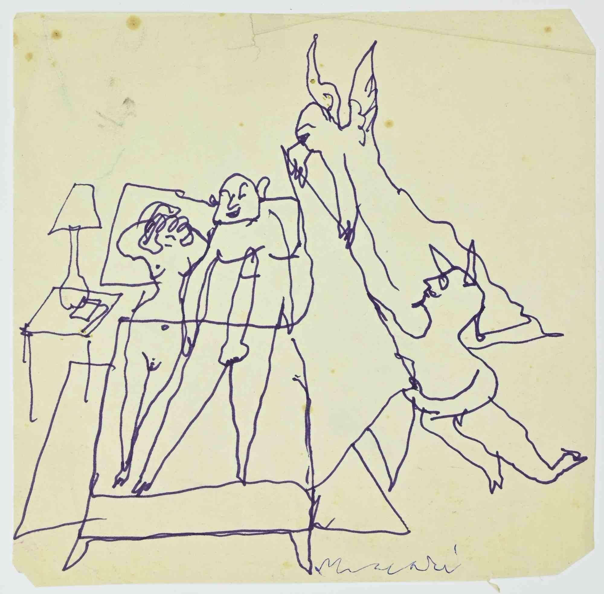 The Couple and the Devils - Drawing by Mino Maccari - 1960s