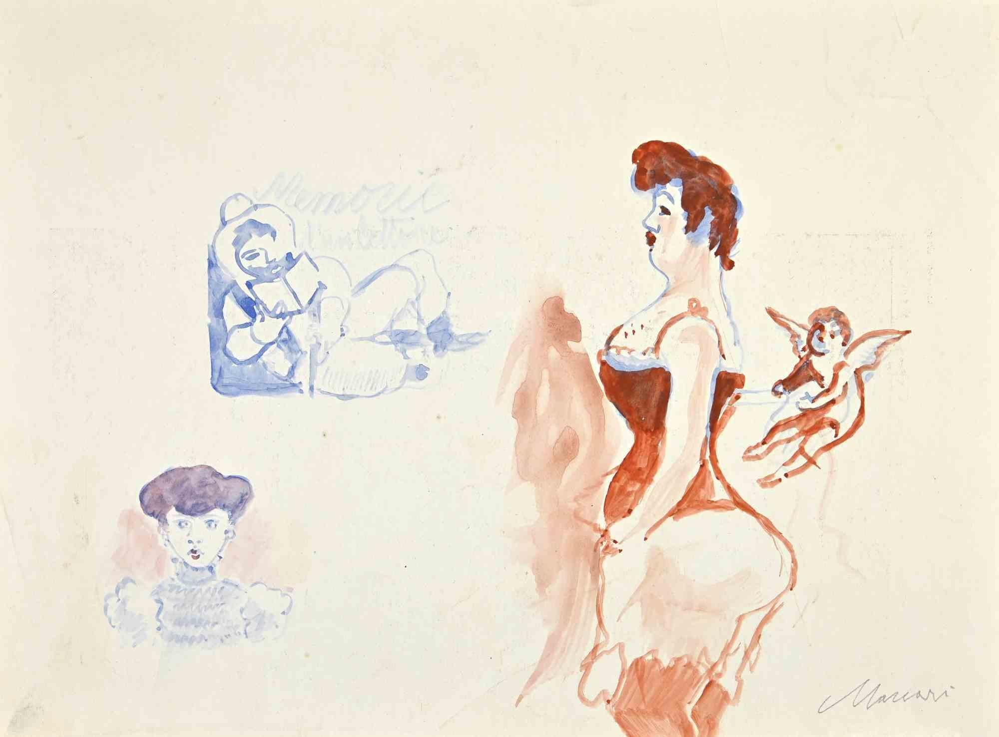 Figurative Art  Mino Maccari - Dessin à l'aquarelle de Shetches, style moderne, signé, années 1940, non encadré
