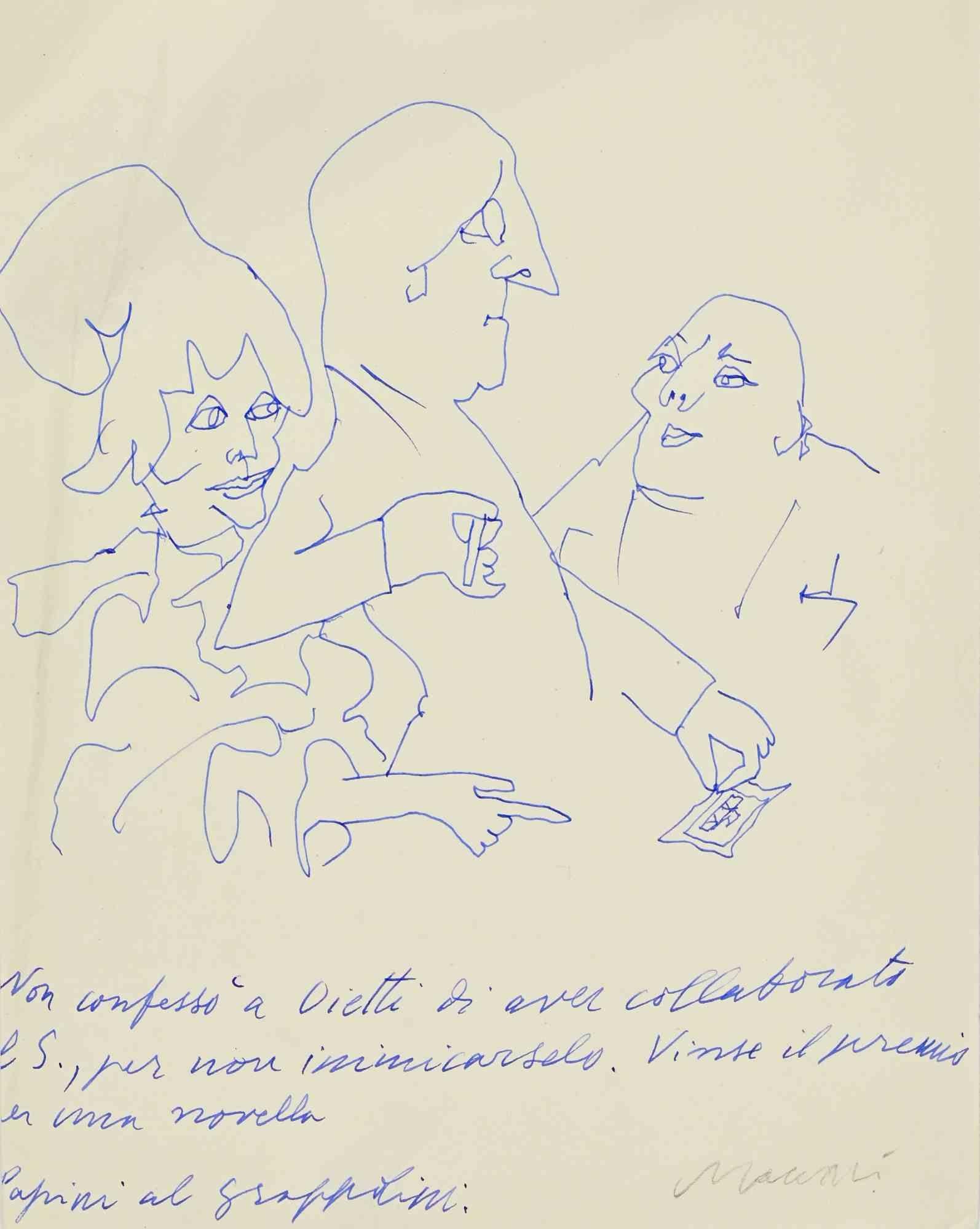 Pen drawing on paper realized in 1965 ca.

A vivid and incisive drawing by Mino Maccari, executed in blue ink, depicting three figures engaged in a charged exchange, rendered with the artist’s unmistakable linear immediacy. The composition unfolds