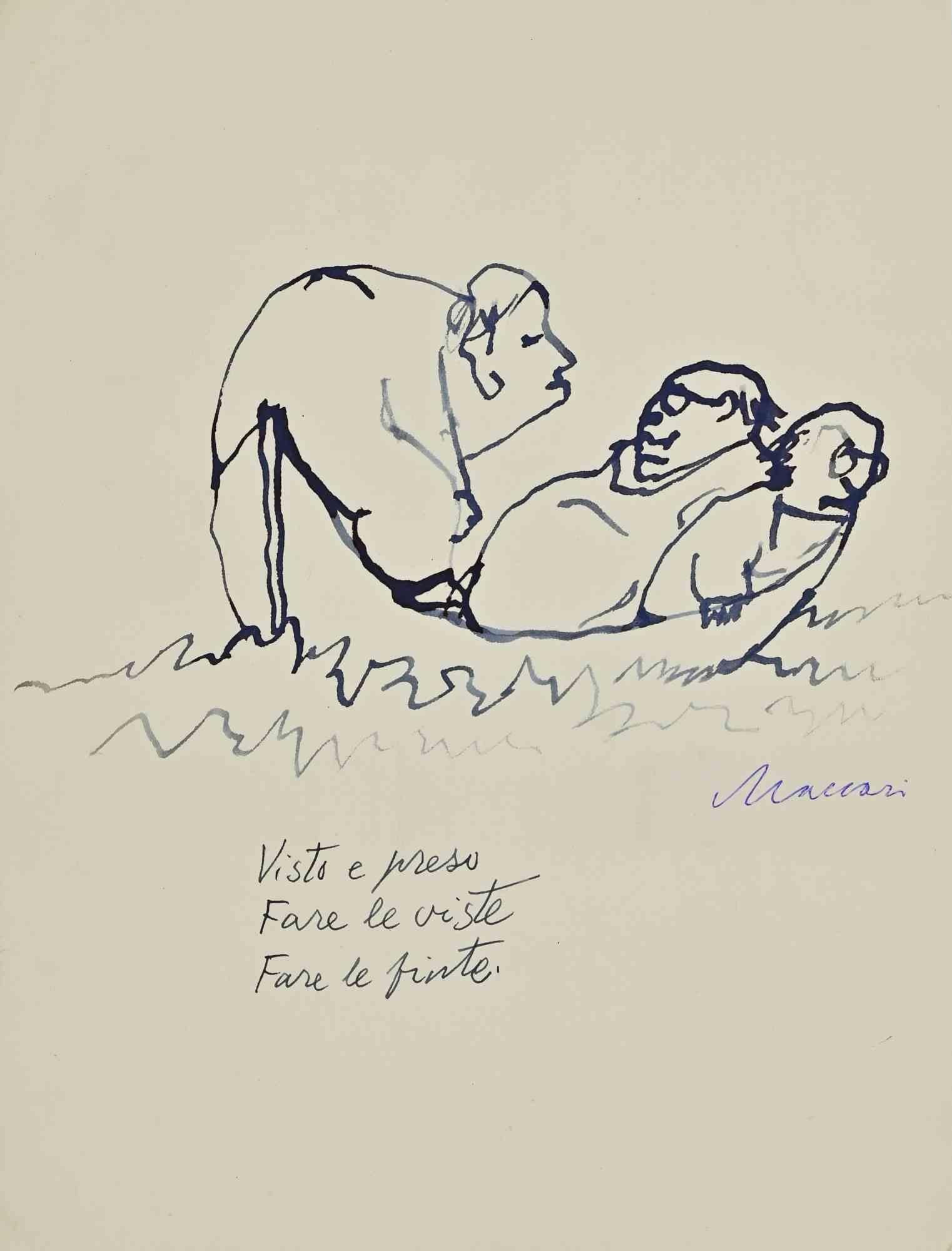 Ink and brush on paper realized in 1960s.

A striking and ironic drawing by Mino Maccari, executed in fluid ink and brush, depicting a grotesque human interaction rendered with extreme economy of line. Two distorted male figures are shown in a