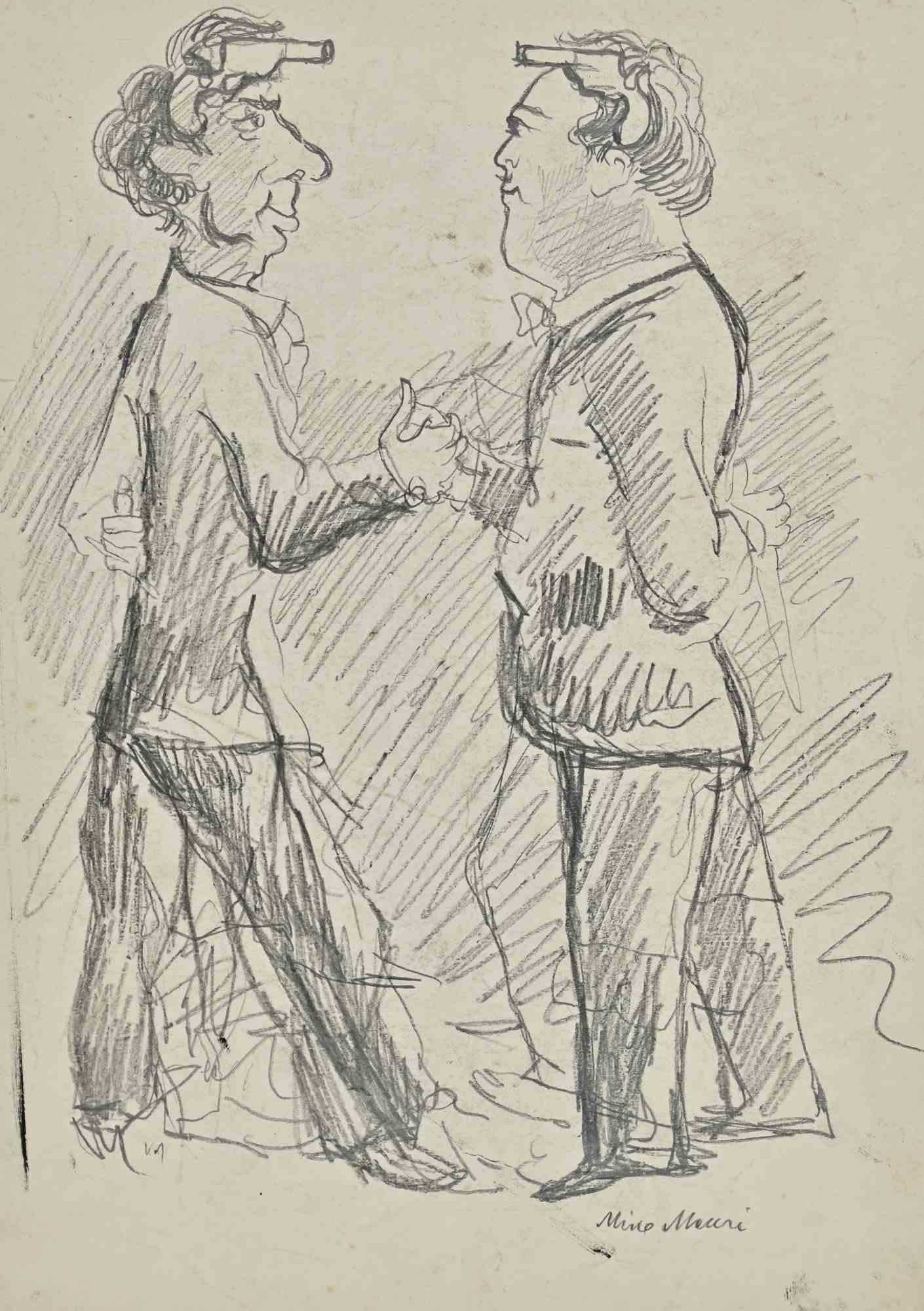  Mino Maccari Figurative Art - The Duel - Pencil Drawing of Two Figures, Modern, Signed, 1935 Circa