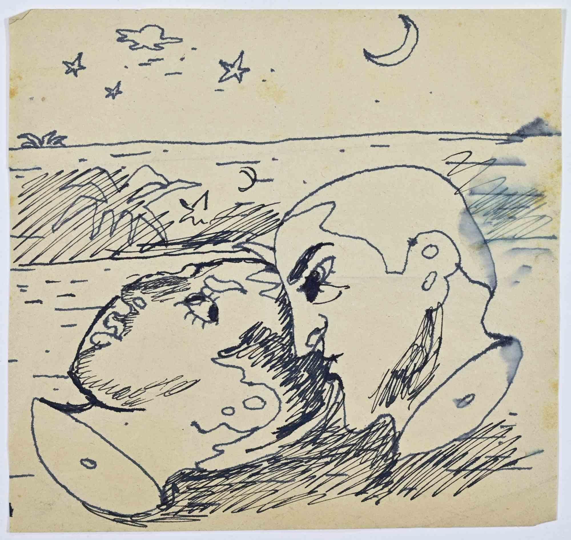 Tinta (con lavados ligeros) sobre papel. No firmado.

Este dibujo presenta una composición nocturna y onírica, realizada con un trazo fluido de pluma, que representa dos cabezas humanas estilizadas que emergen de un paisaje costero bajo una luna