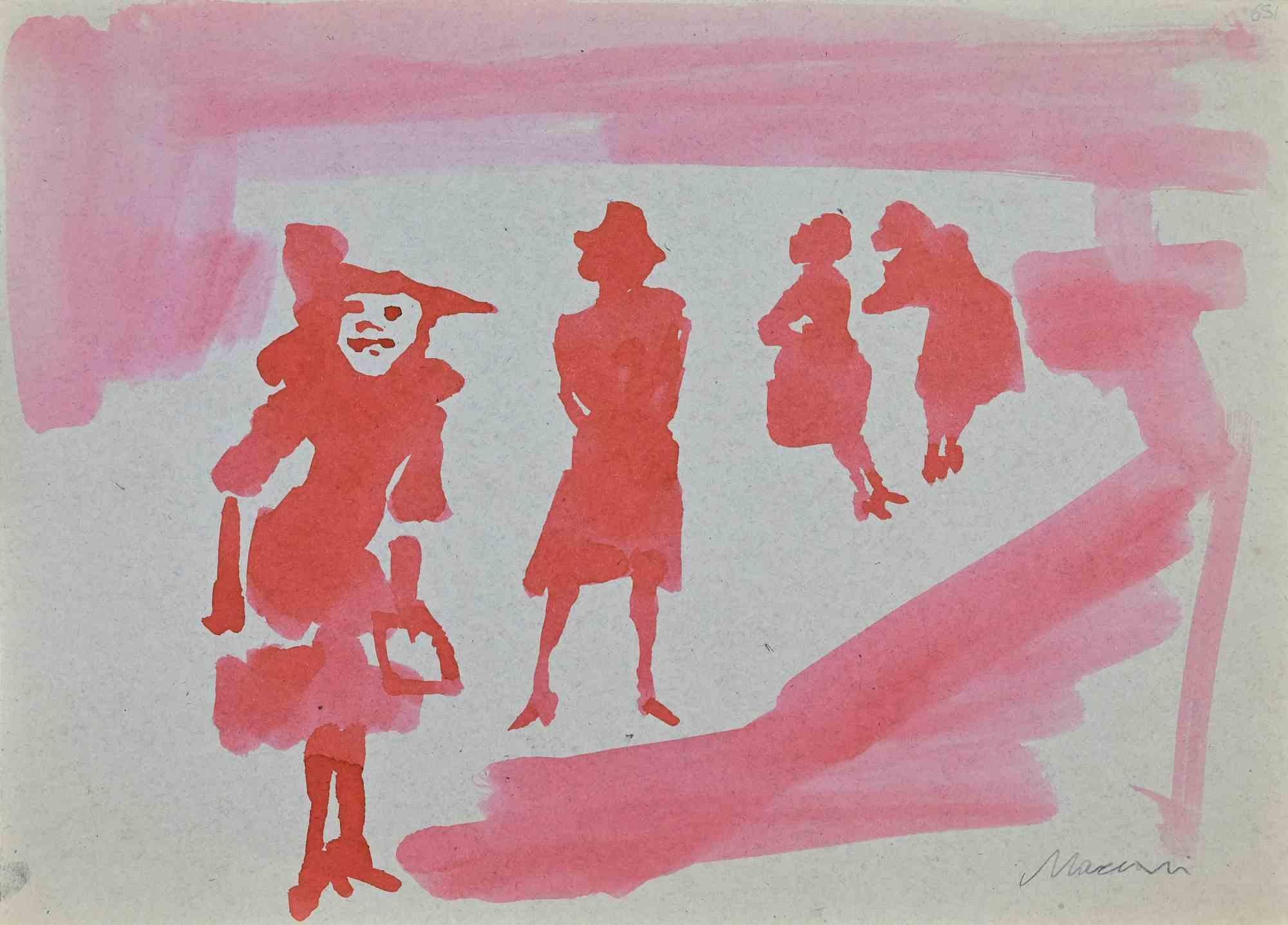 Dessin à l'aquarelle représentant des personnages, style moderne, signé, années 1960, non encadré