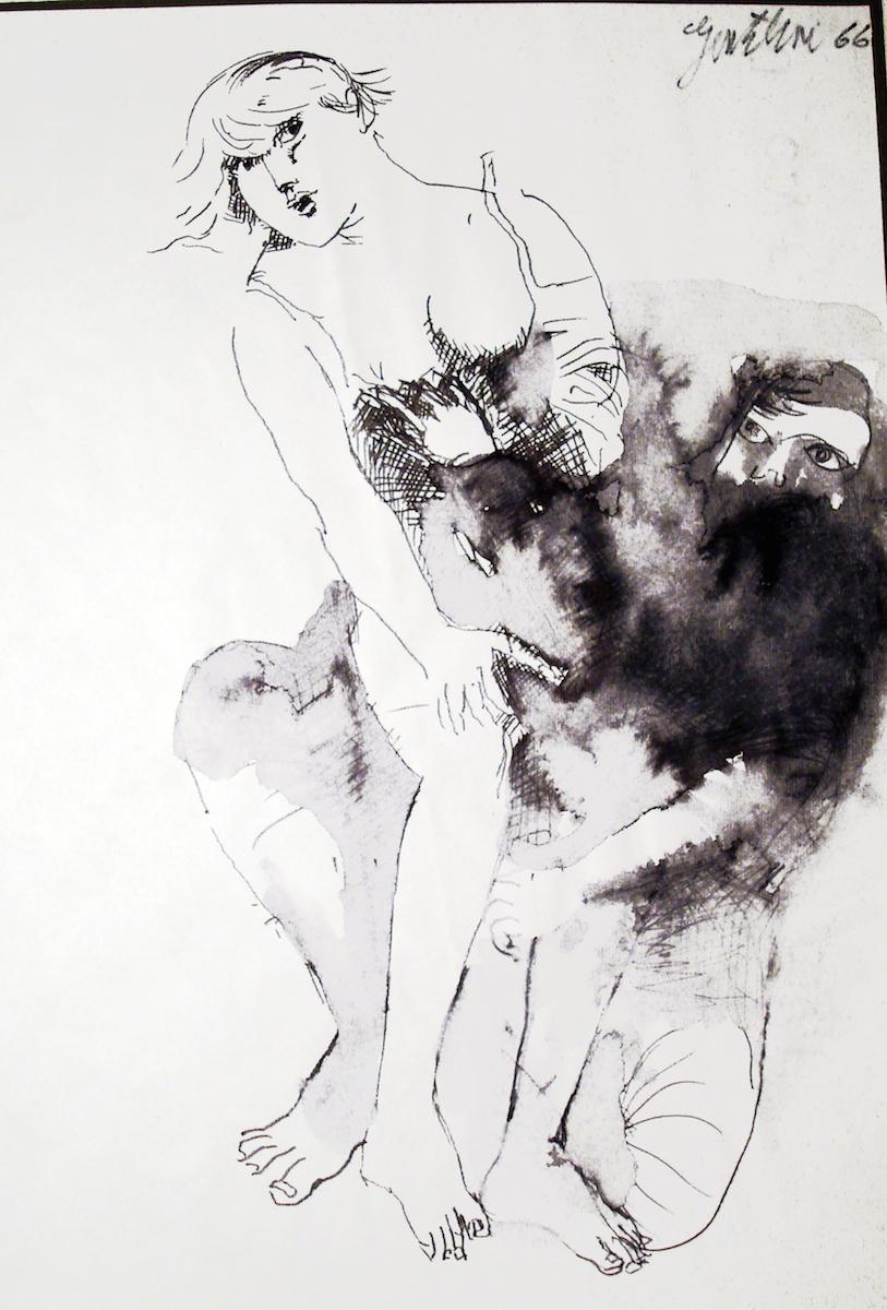 Franco Gentilini Figurative Art - Il Ratto - Contemporary Ink and Watercolor Drawing, Signed, 1966