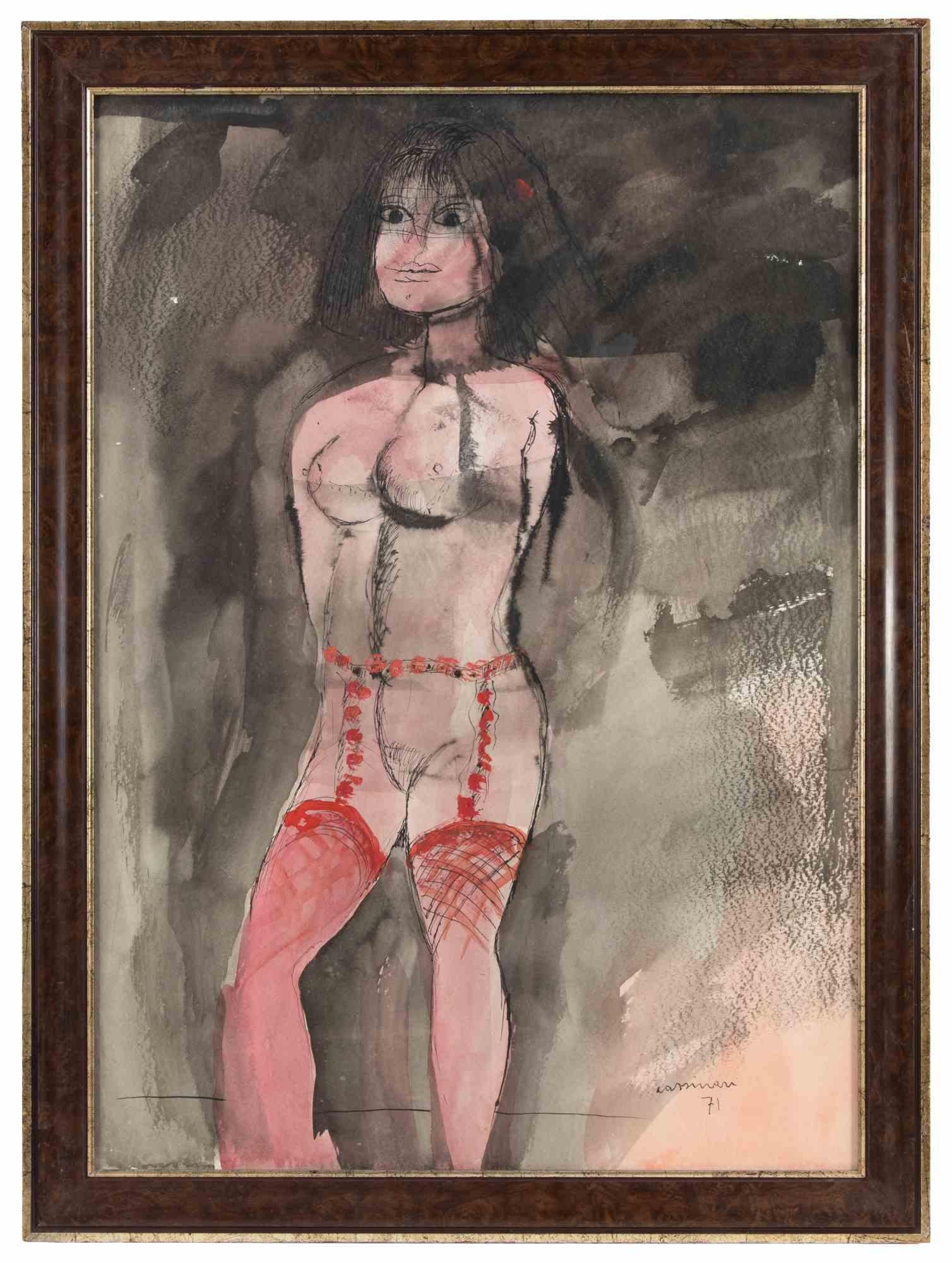 Woman Drawing, Mixed Media on Paper, Modern Style, Signed, 1971