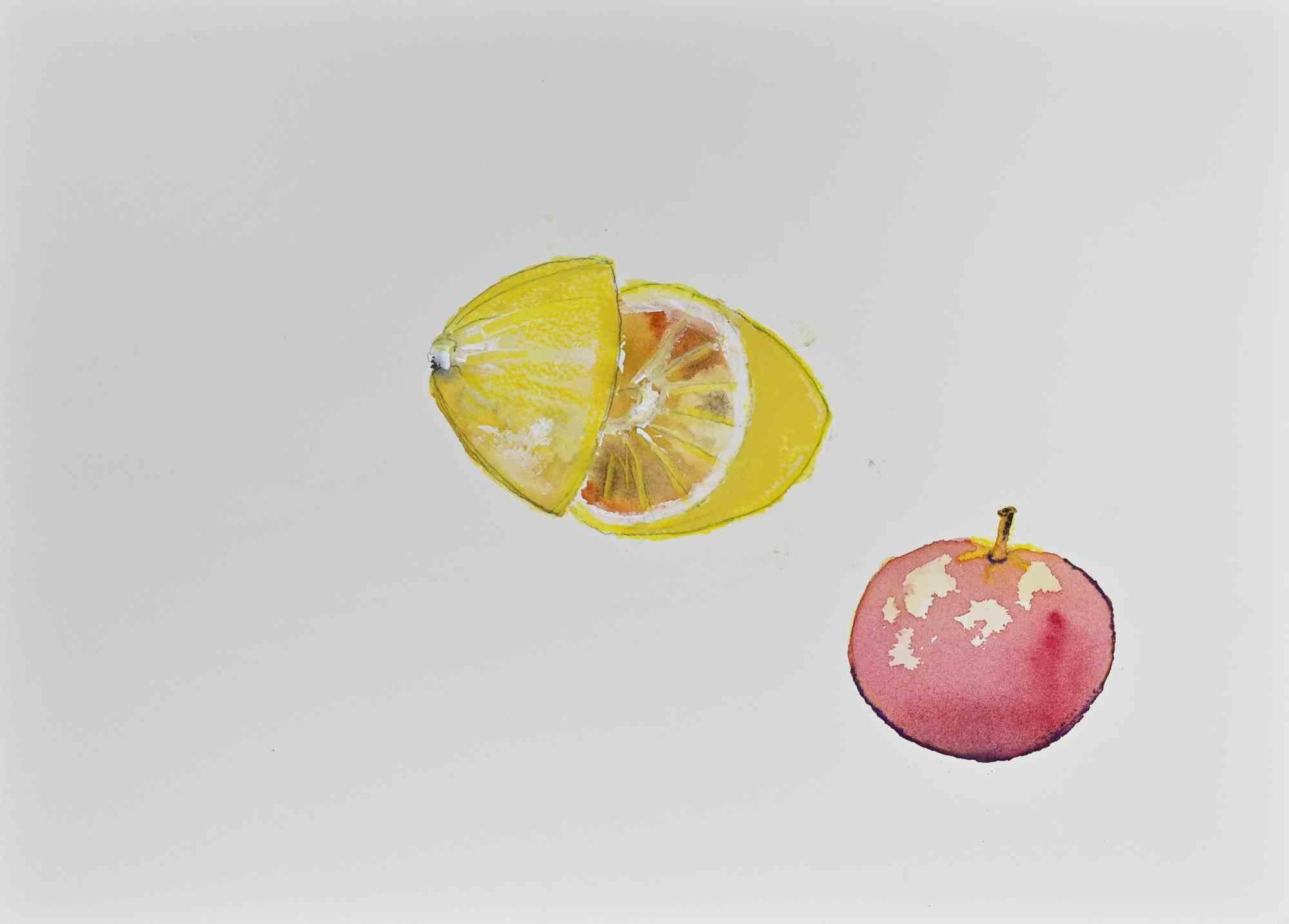 Figurative Art di Unknown - Natura morta con limone e mela, acquerello su carta, anni ’80