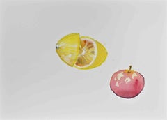 Stillleben mit Zitrone und Apfel, Aquarell auf Papier, 1980er Jahre