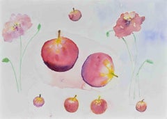 Stilleben mit Mohnblumen und Äpfeln - Zeichnung - 1980er