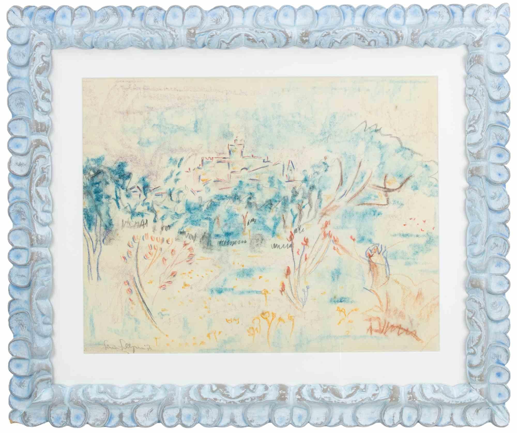 Landscape Drawing in Pastel by Sirio Pellegrini, Modern, Framed, 1971
