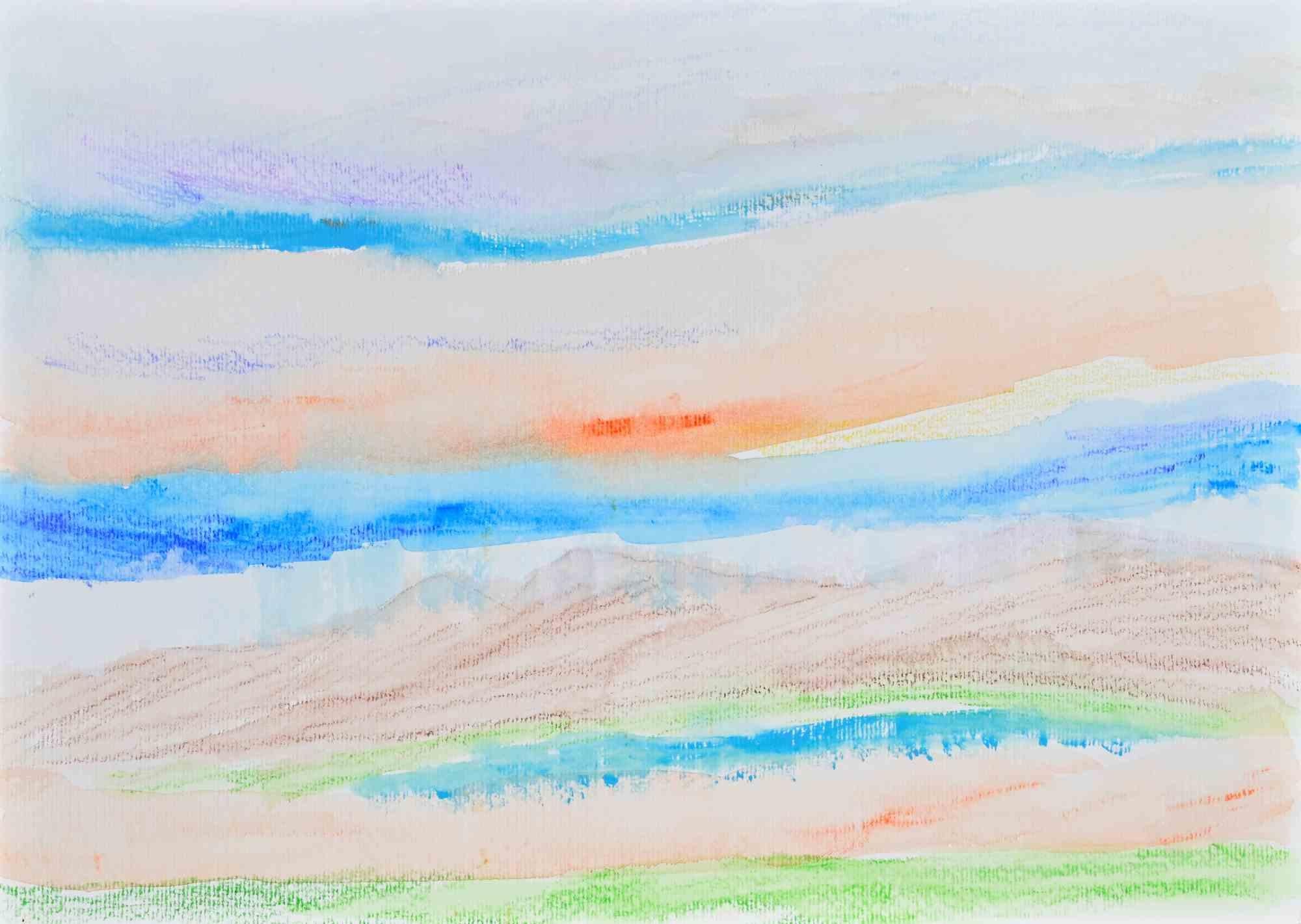 Obra de arte de paisaje en técnica mixta, estilo abstracto, década de los 90, sin enmarcar