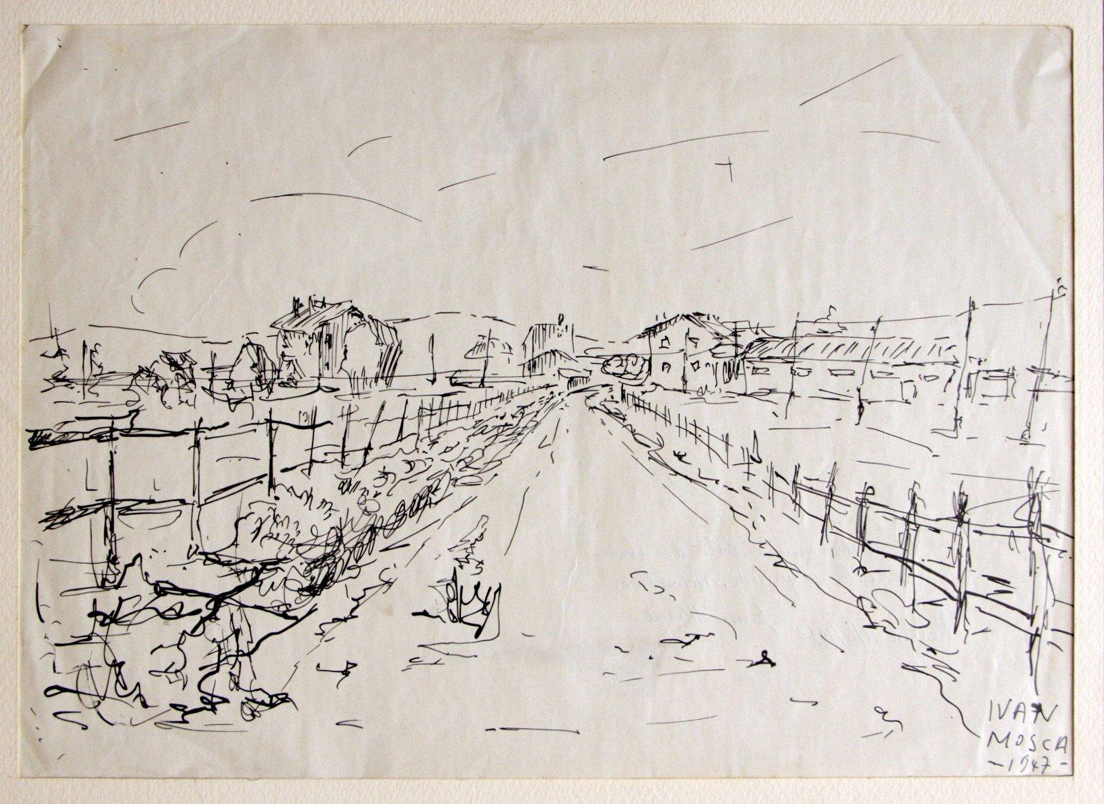 Country Road Ink Drawing on Paper, Modern Style, Signed, 1947