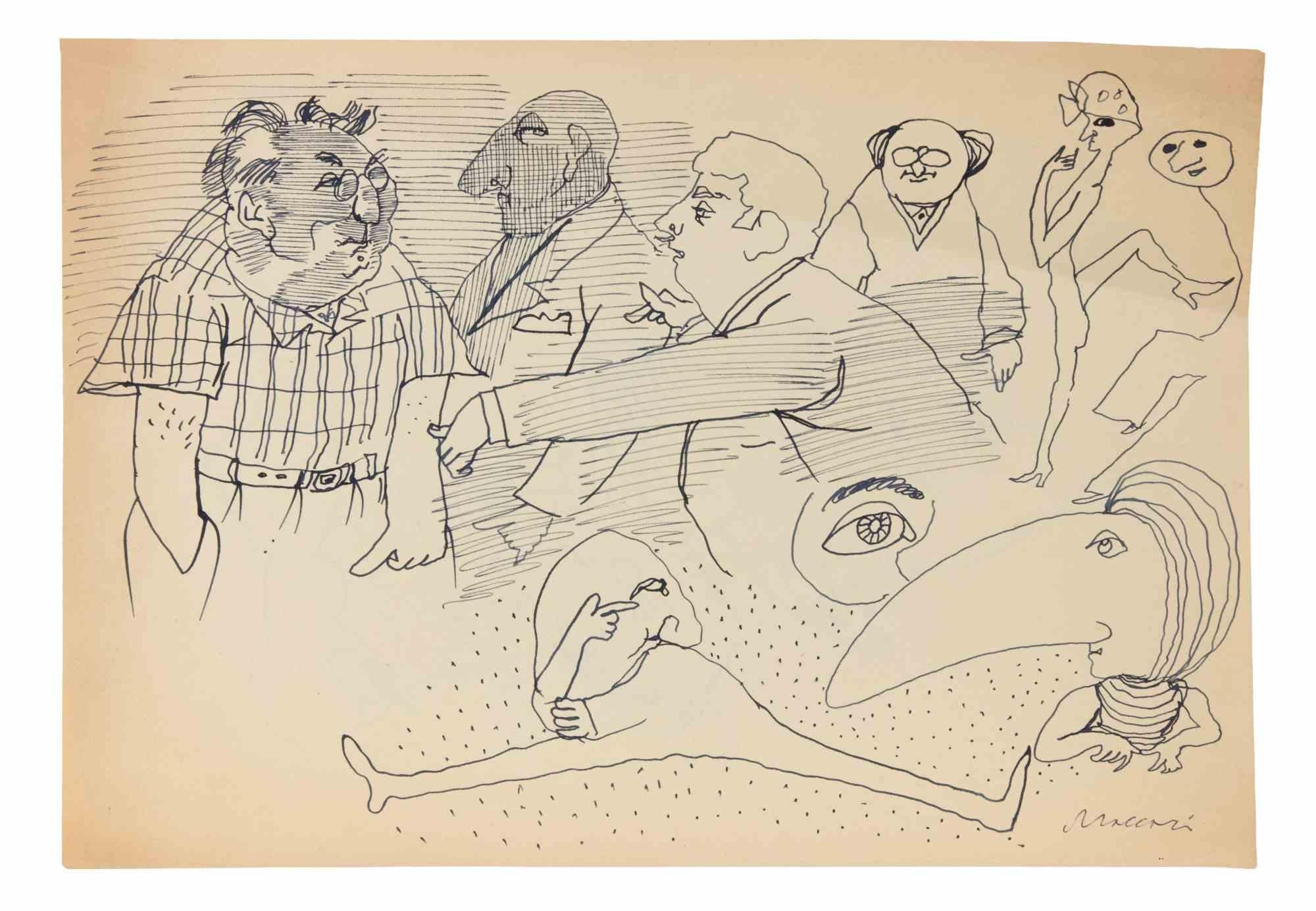Figures, Modern Ink Drawing on Paper, Signed, Circa 1950, Unframed