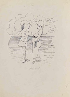 At the Beach Drawing, Modern Watercolor on Paper, Signed, 1960s