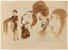 Disegni di figure degli anni ’50 realizzati con acquerello moderno e matita, senza cornice