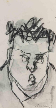 Ritratto a matita, carboncino e acquerello, stile moderno, firmato, anni '60