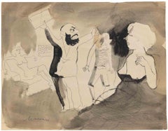 Dessin à l'aquarelle « Mauvaises notes », style moderne, signé, années 1960