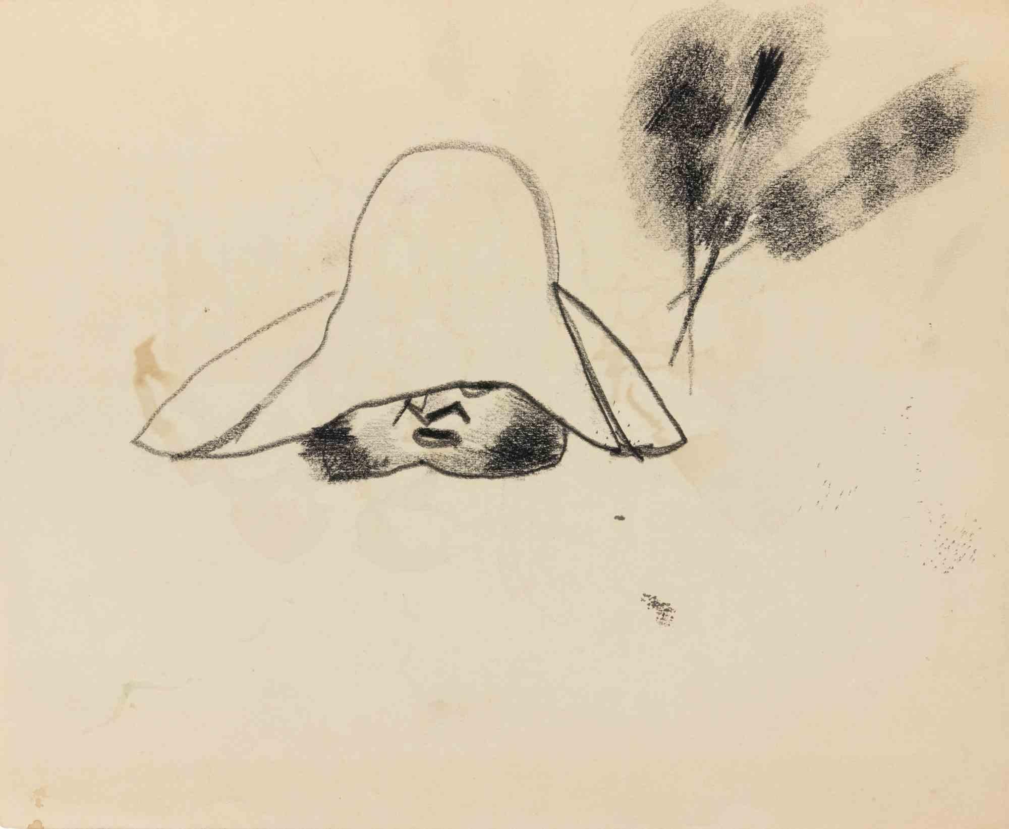  Mino Maccari Figurative Art - Portrait Charcoal Drawing on Paper, Modern Style, Unsigned, 1960s