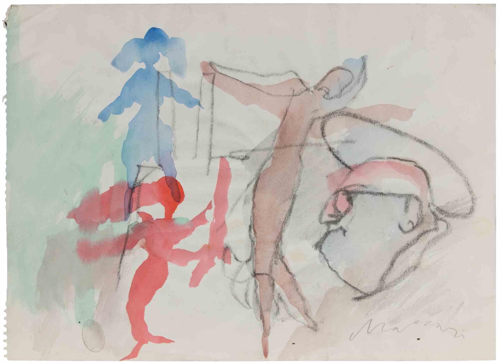 Figurative Art di  Mino Maccari - "Incubi" - Disegno a carboncino e acquerello, moderno, firmato, anni '60