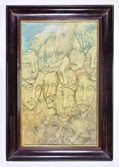 Faces Watercolor Drawing, Modern Style, Framed, Circa 1950s