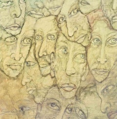 Faces Watercolor Drawing, Modern Style, Framed, Circa 1950s