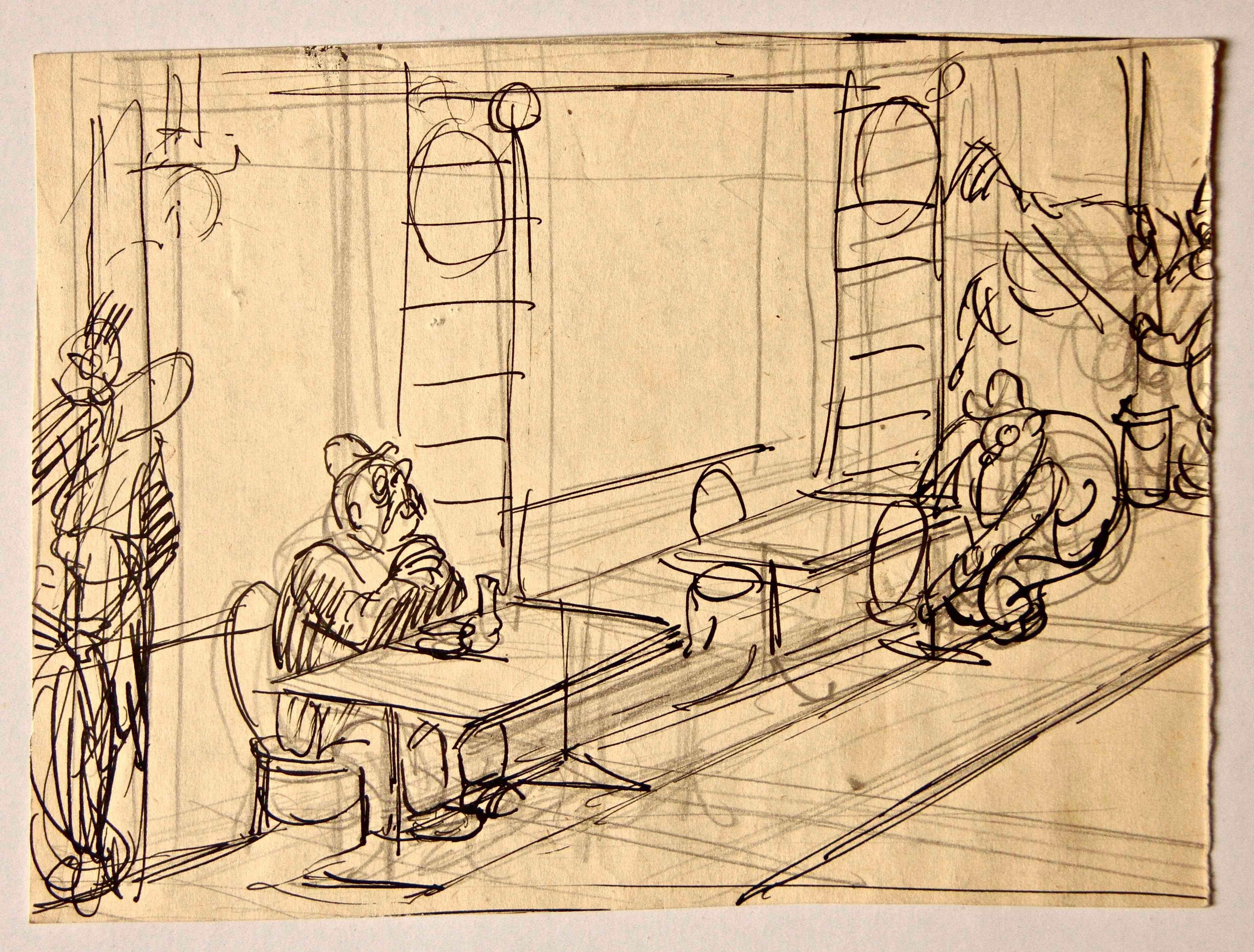 Lunch Alone - Drawing by Gabriele Galantara - Early 20th Century