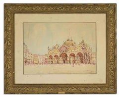 View of Piazza S. Marco - Watercolor by N. Cipriani - Late 19th Century