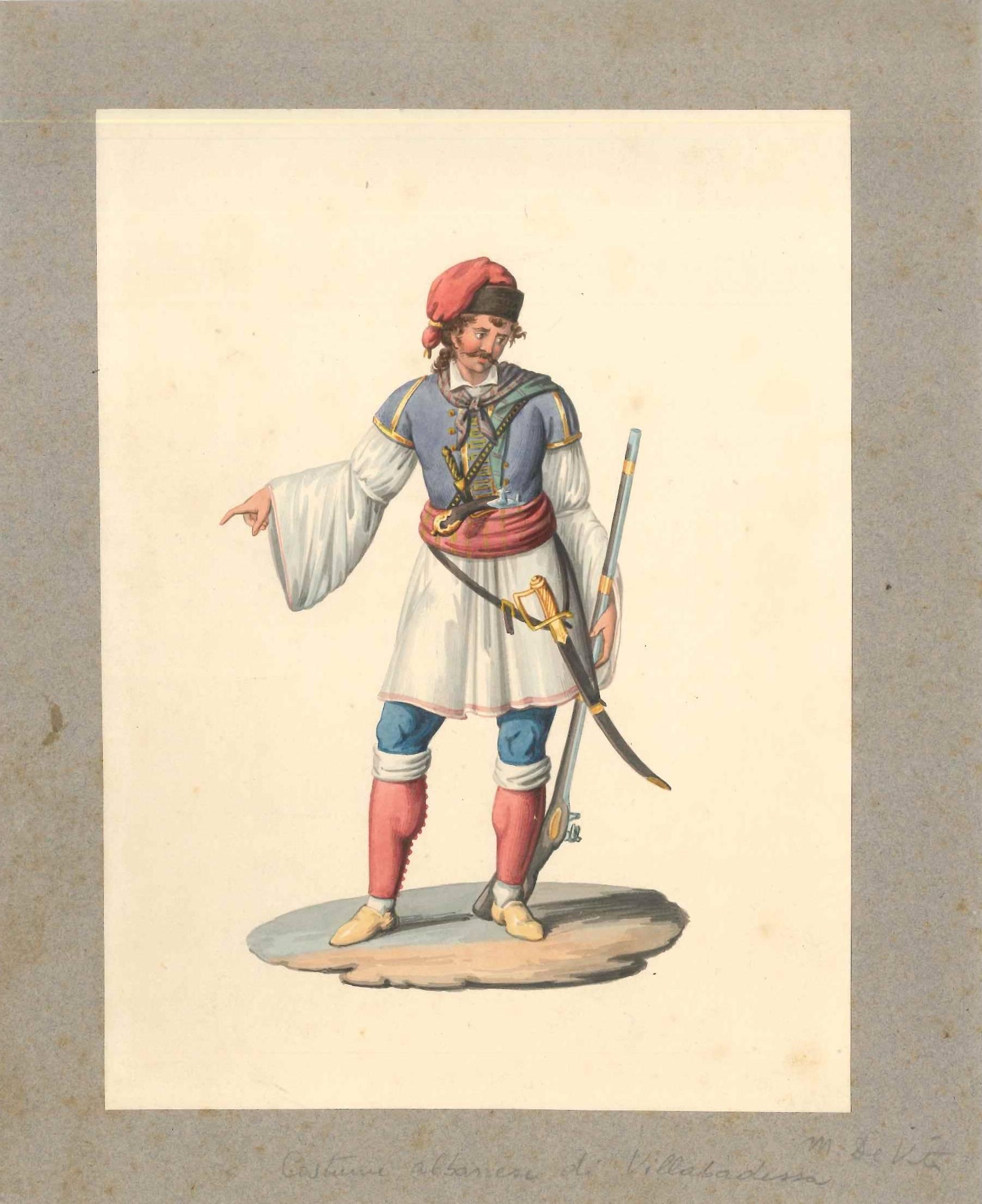 Michela De Vito Figurative Art - Costume albanese di Villabadessa - Original Watercolor by M. De Vito - 1820 ca.