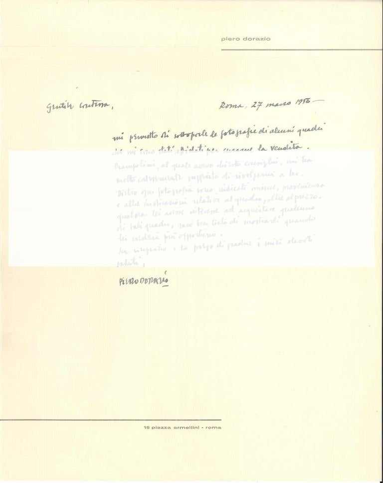 L.A.S. (Lettre Autographe Signée) Autograph Letter Signed by P. Dorazio, to the Countess A.L. Pecci-Blunt. On Letterhead “Piero Dorazio 16 Piazza Armellini – Roma”. Rome, 27th March 1956. 28.5 x 22.5 cm. In 4°. In Italian. Excellent