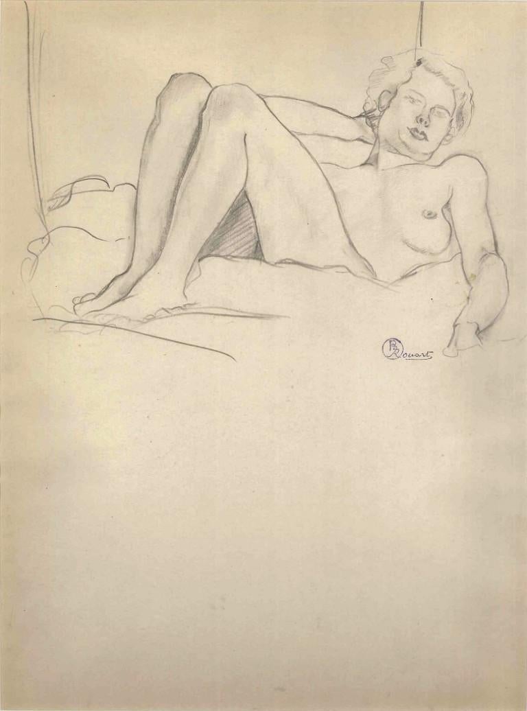 Lying Nude Figure is an original artwork realized by the French artist Ernest Rouart at the beginning of the XX century. Pencil on paper. The original hallmark of the artist is on the lower right corner. Passepartout included (cm 49 x 34). Excellent