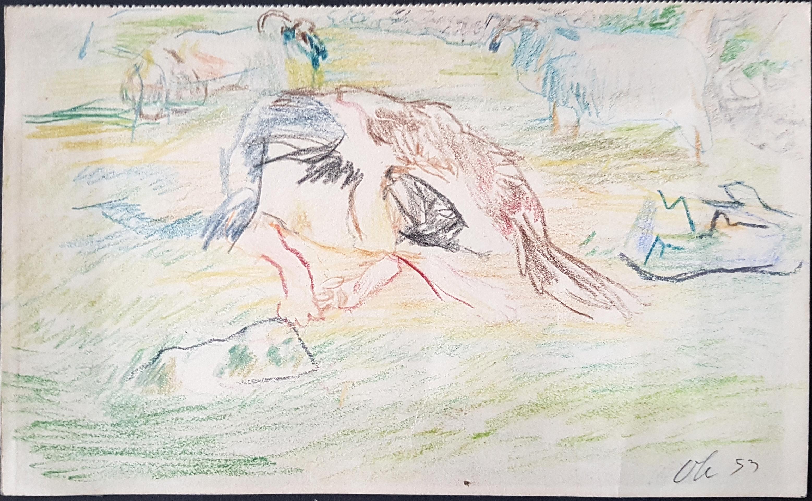 Animal Grazing - 1953 - Pastel Drawing by Oskar Kokoschka