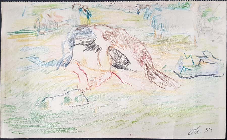 Animal Grazing - 1953 - Pastel Drawing by Oskar Kokoschka